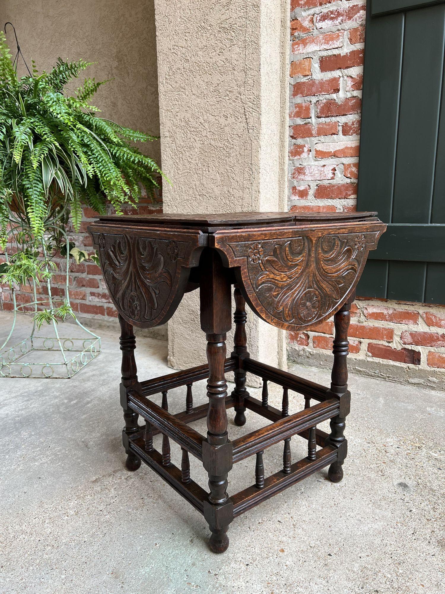 Antique English Carved Oak Side Hall Table Petite Drop Leaf Tea Wine Table 1
