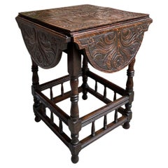 Antique English Carved Oak Side Hall Table Petite Drop Leaf Tea Wine Table