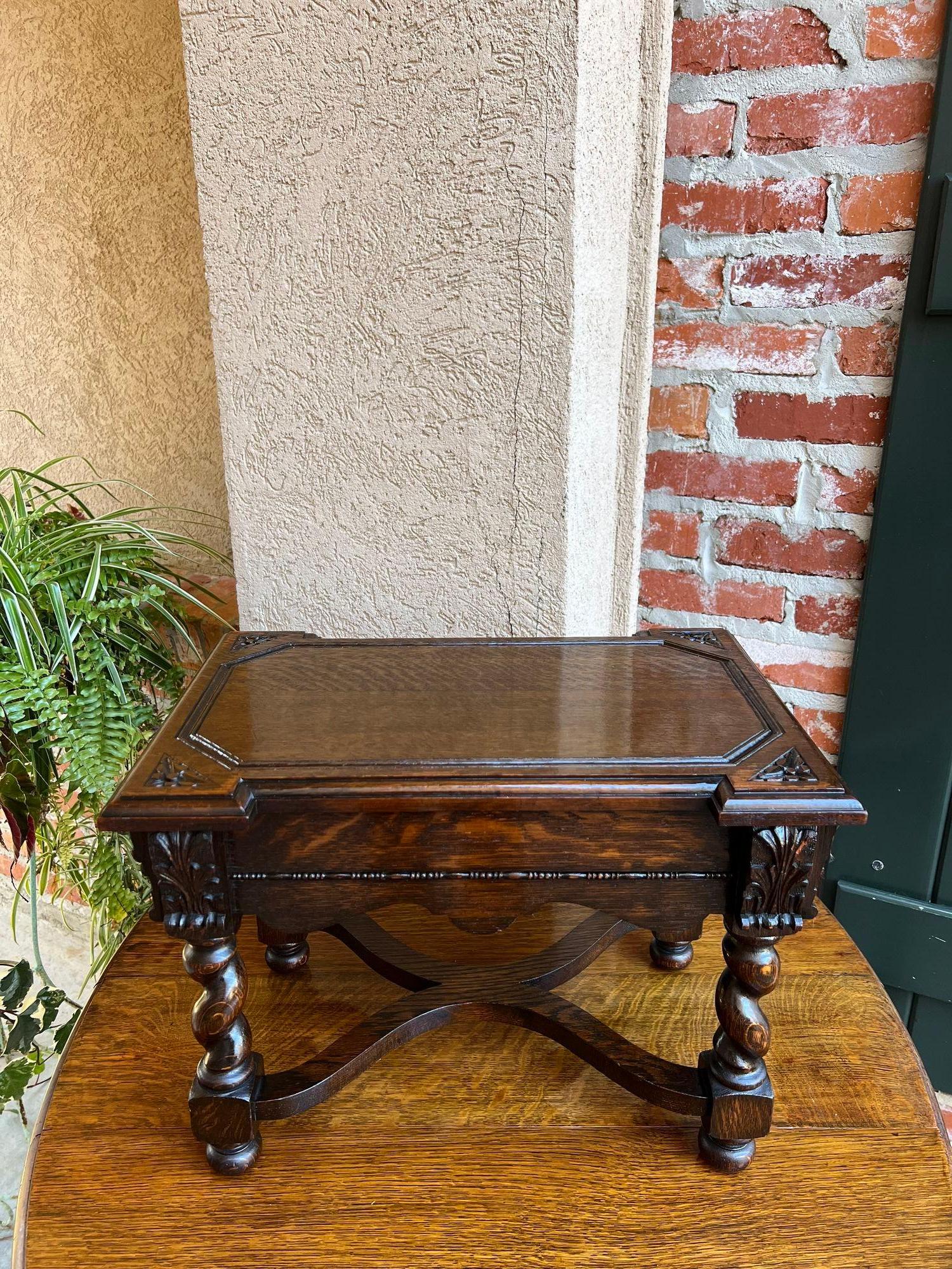 British Antique English Carved Oak Stool Bench Barley Twist Display Table Stand