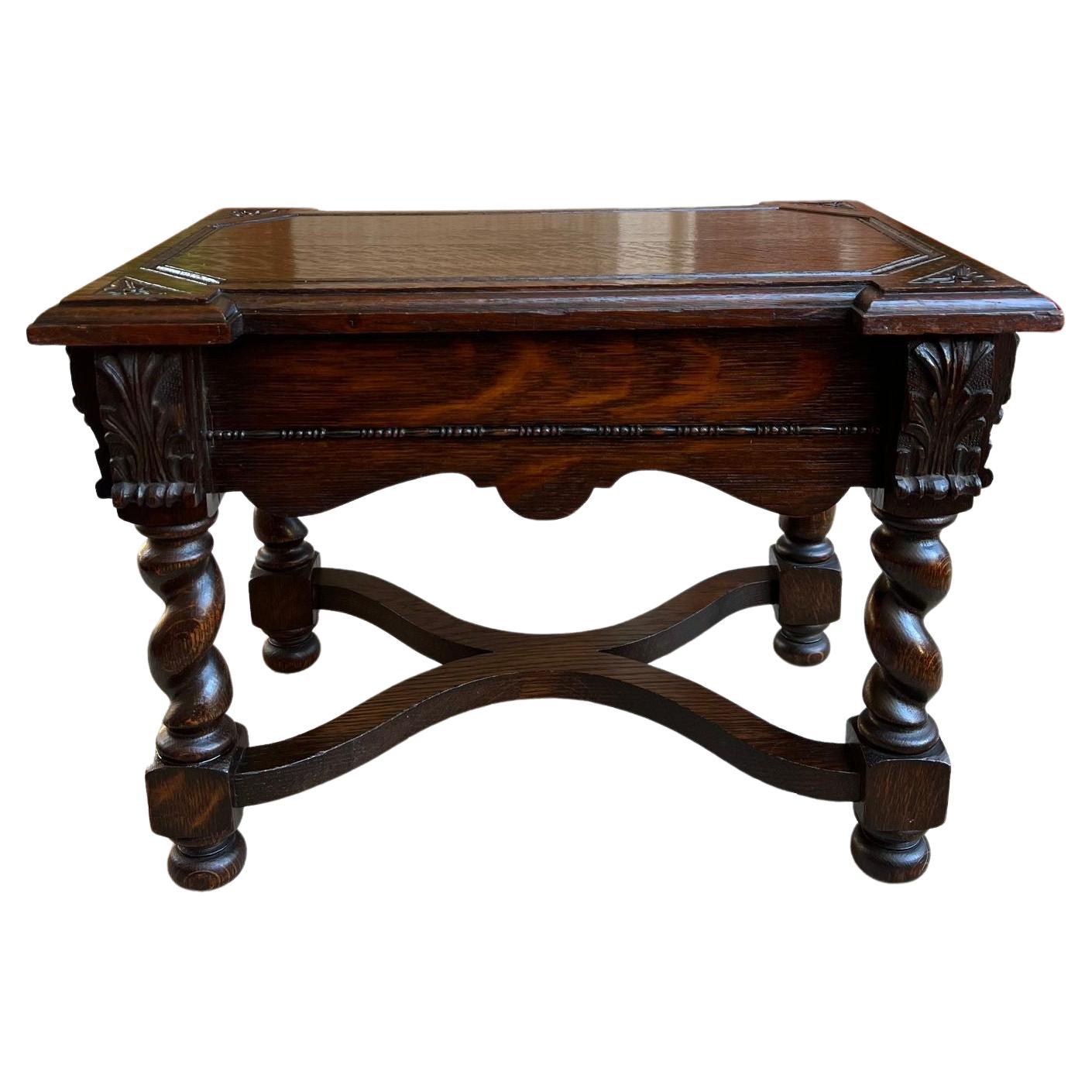 Antique English Carved Oak Stool Bench Barley Twist Display Table Stand