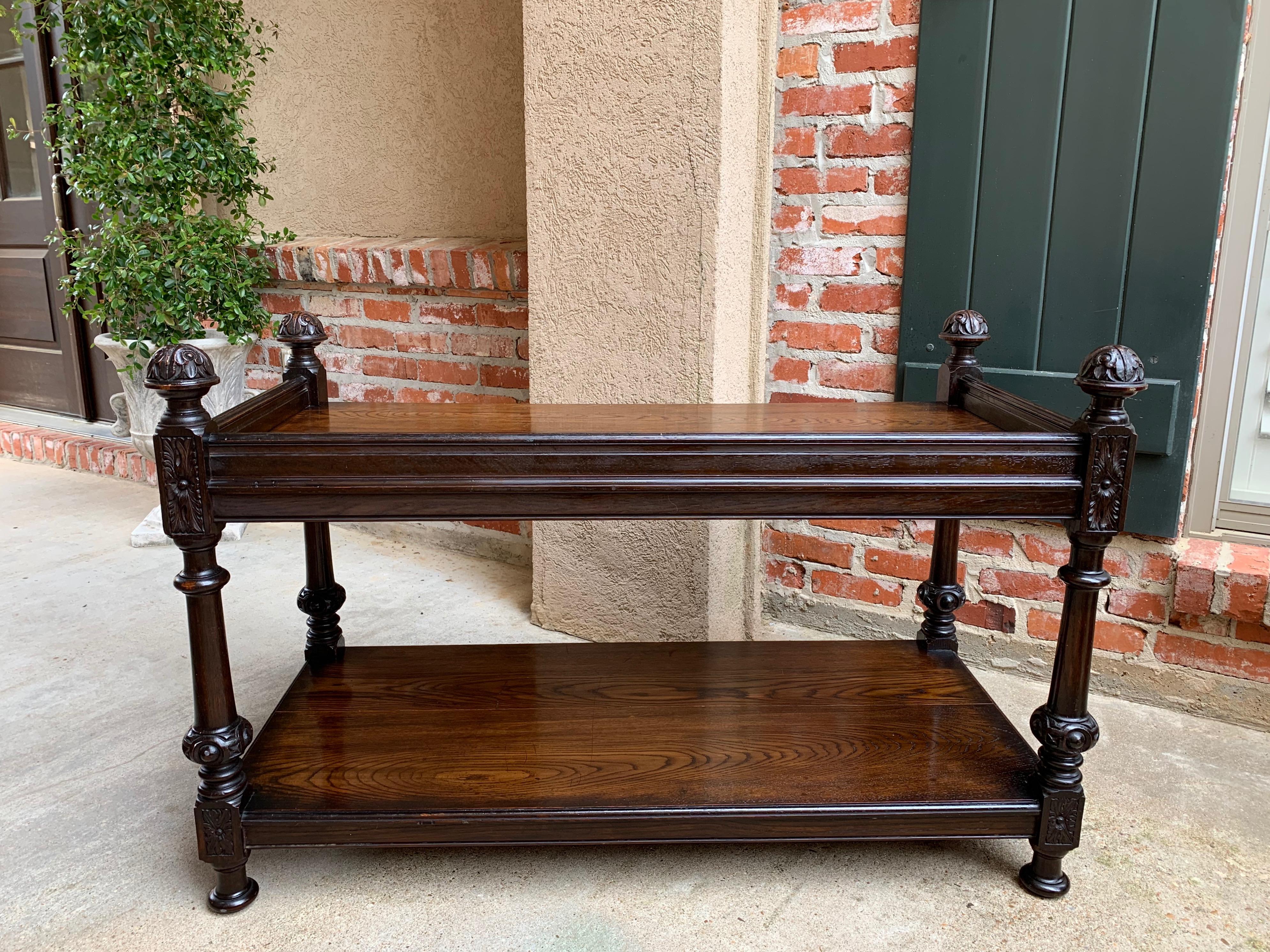 Antique English Carved Oak Table Tea Serving Dumbwaiter Bookshelf Jacobean Style 14