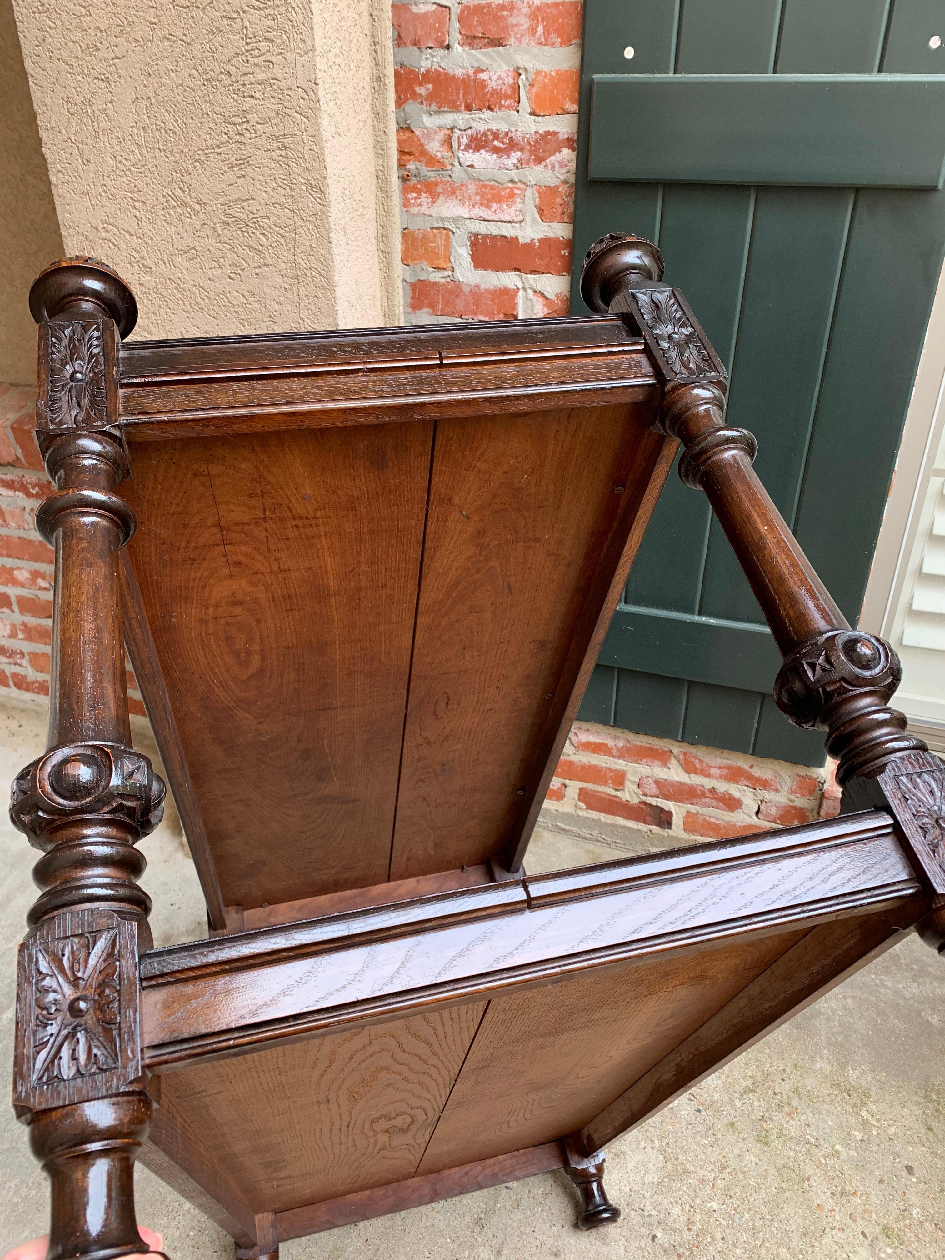 Antique English Carved Oak Table Tea Serving Dumbwaiter Bookshelf Jacobean Style 15