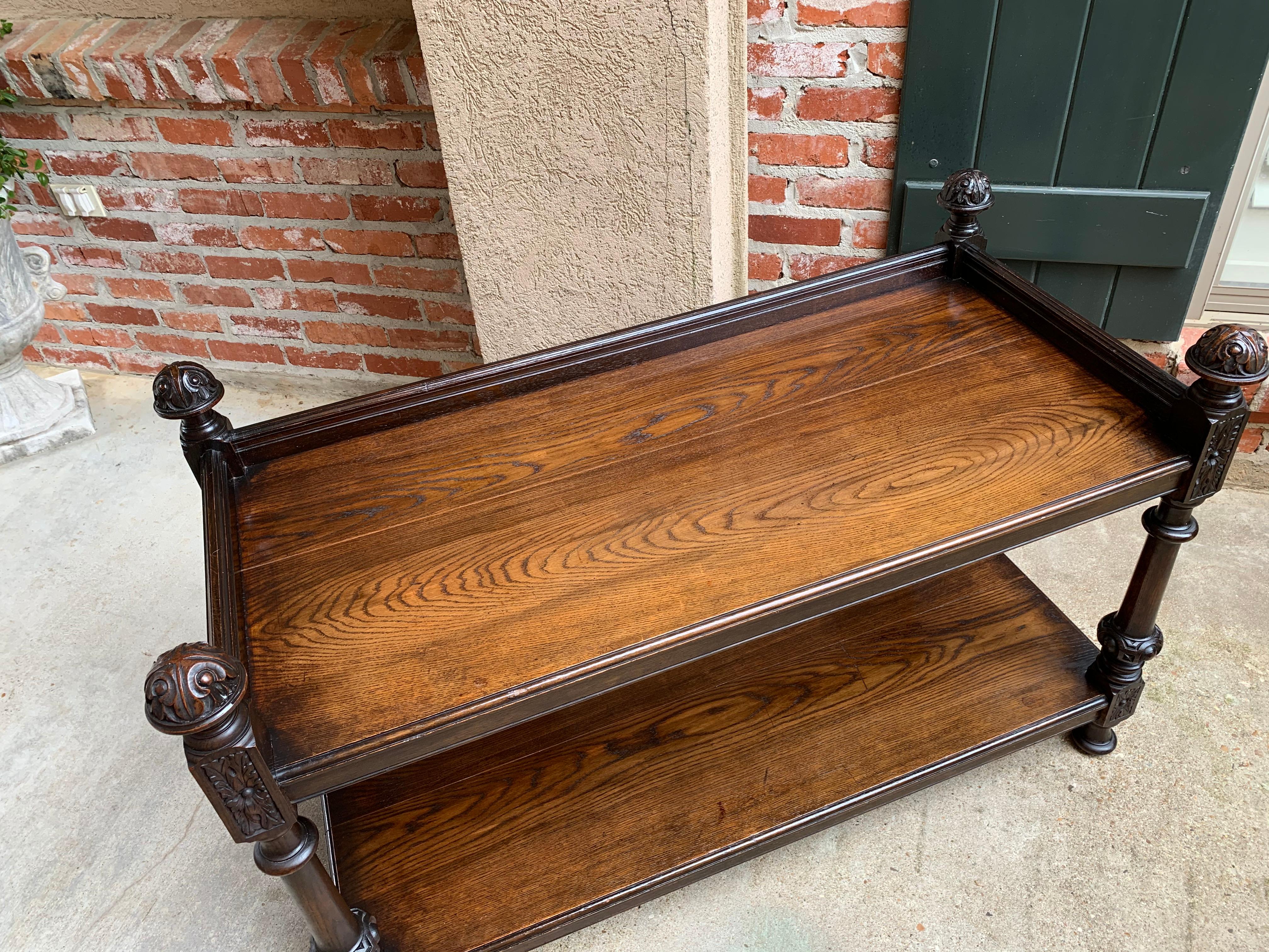 Antique English Carved Oak Table Tea Serving Dumbwaiter Bookshelf Jacobean Style 2