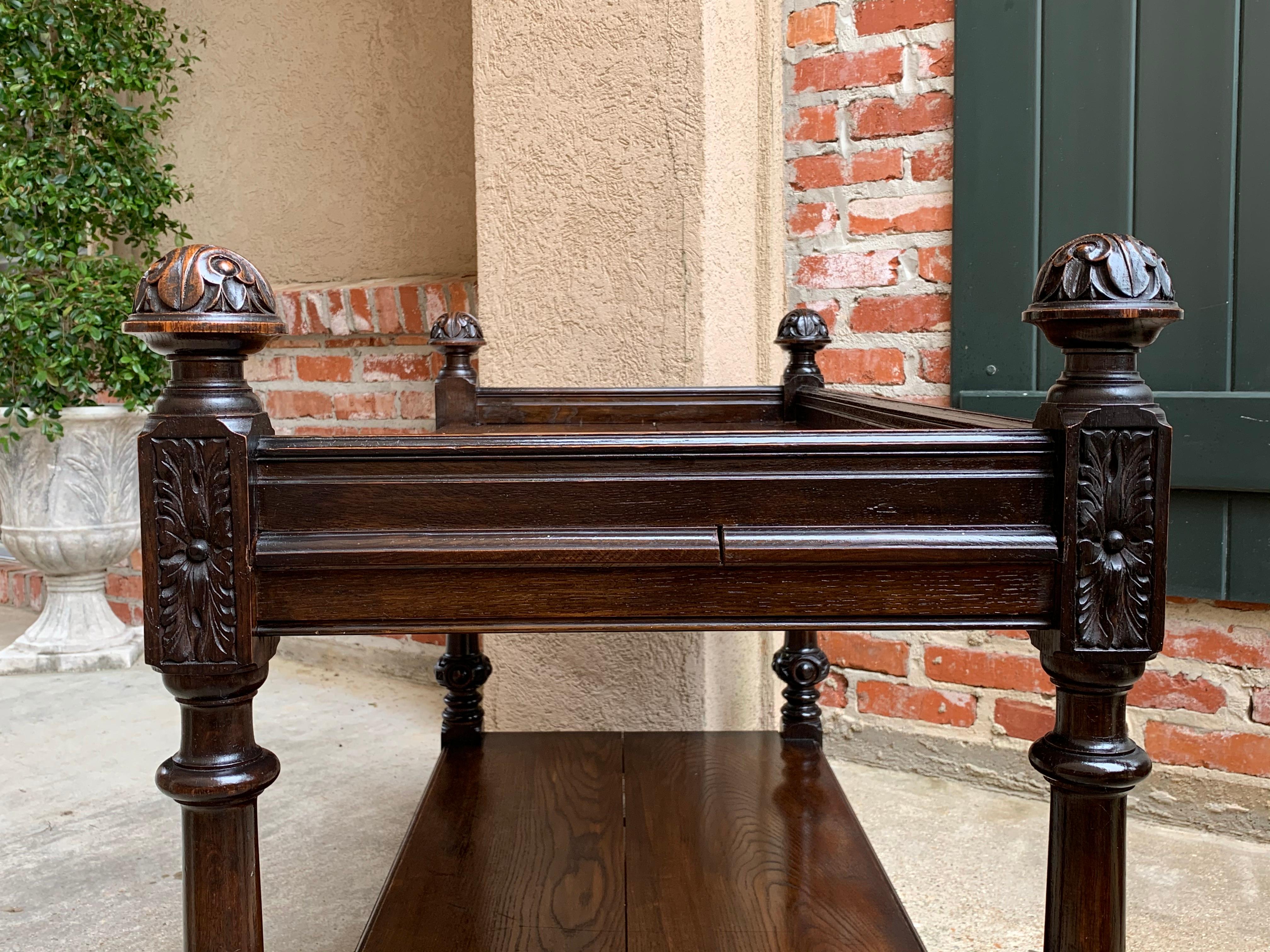 Antique English Carved Oak Table Tea Serving Dumbwaiter Bookshelf Jacobean Style 5