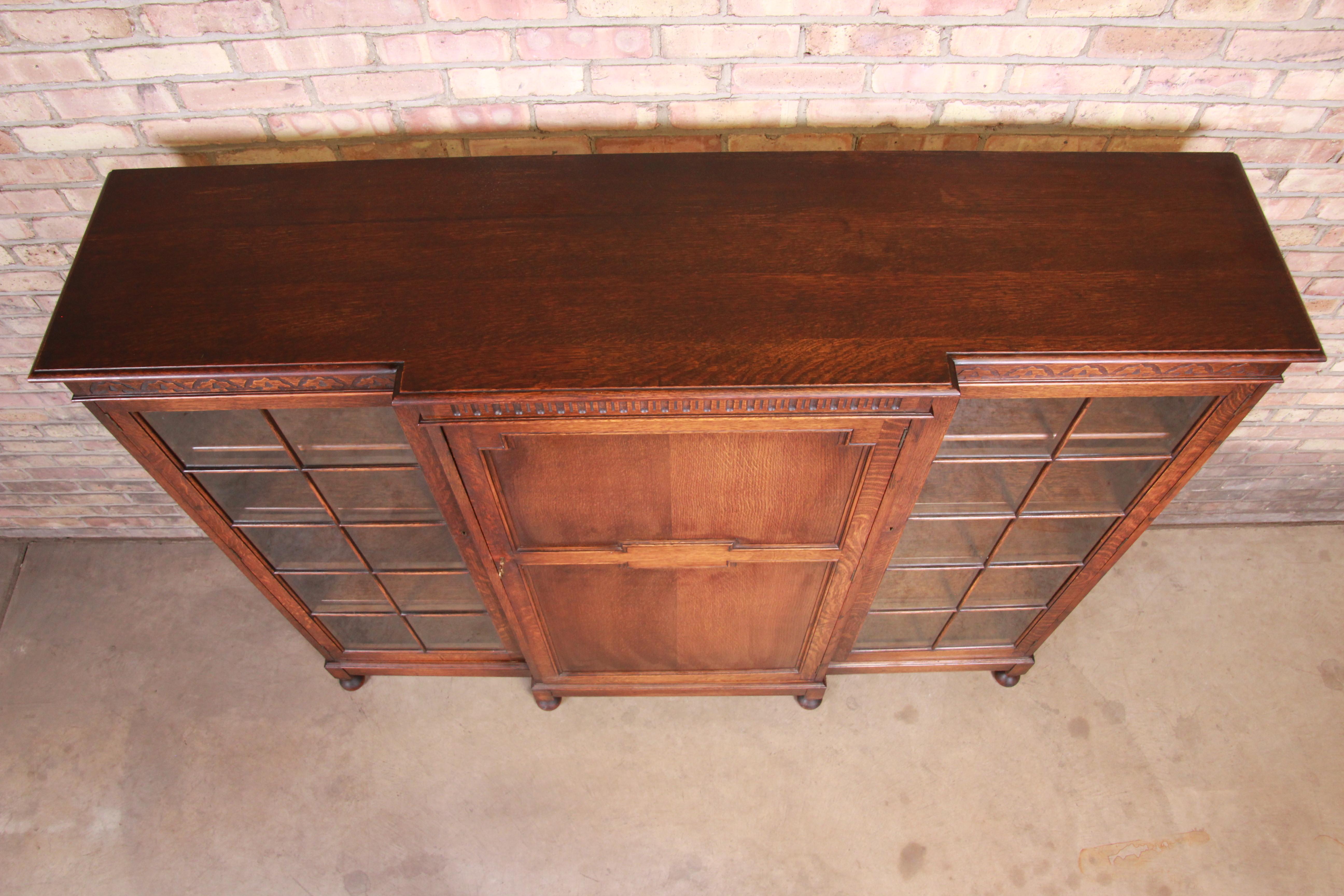 Antique English Carved Oak Triple Bookcase, circa 1900 4