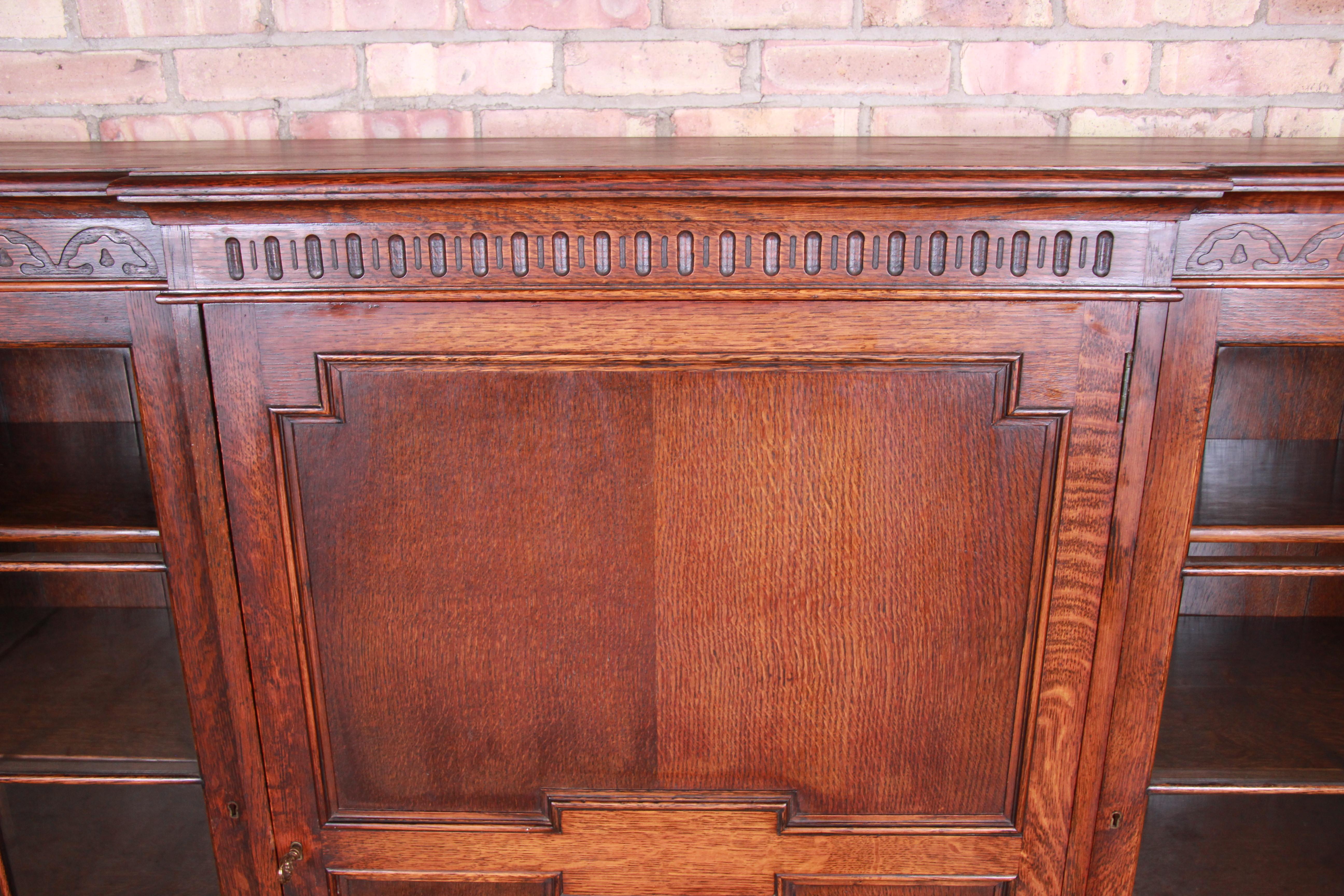 Antique English Carved Oak Triple Bookcase, circa 1900 5