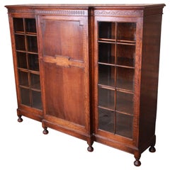 Antique English Carved Oak Triple Bookcase, circa 1900