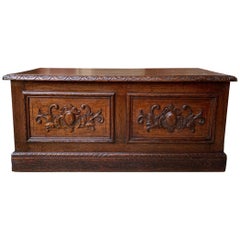 Antique English Carved Oak Trunk Chest Coffee Table Blanket Box