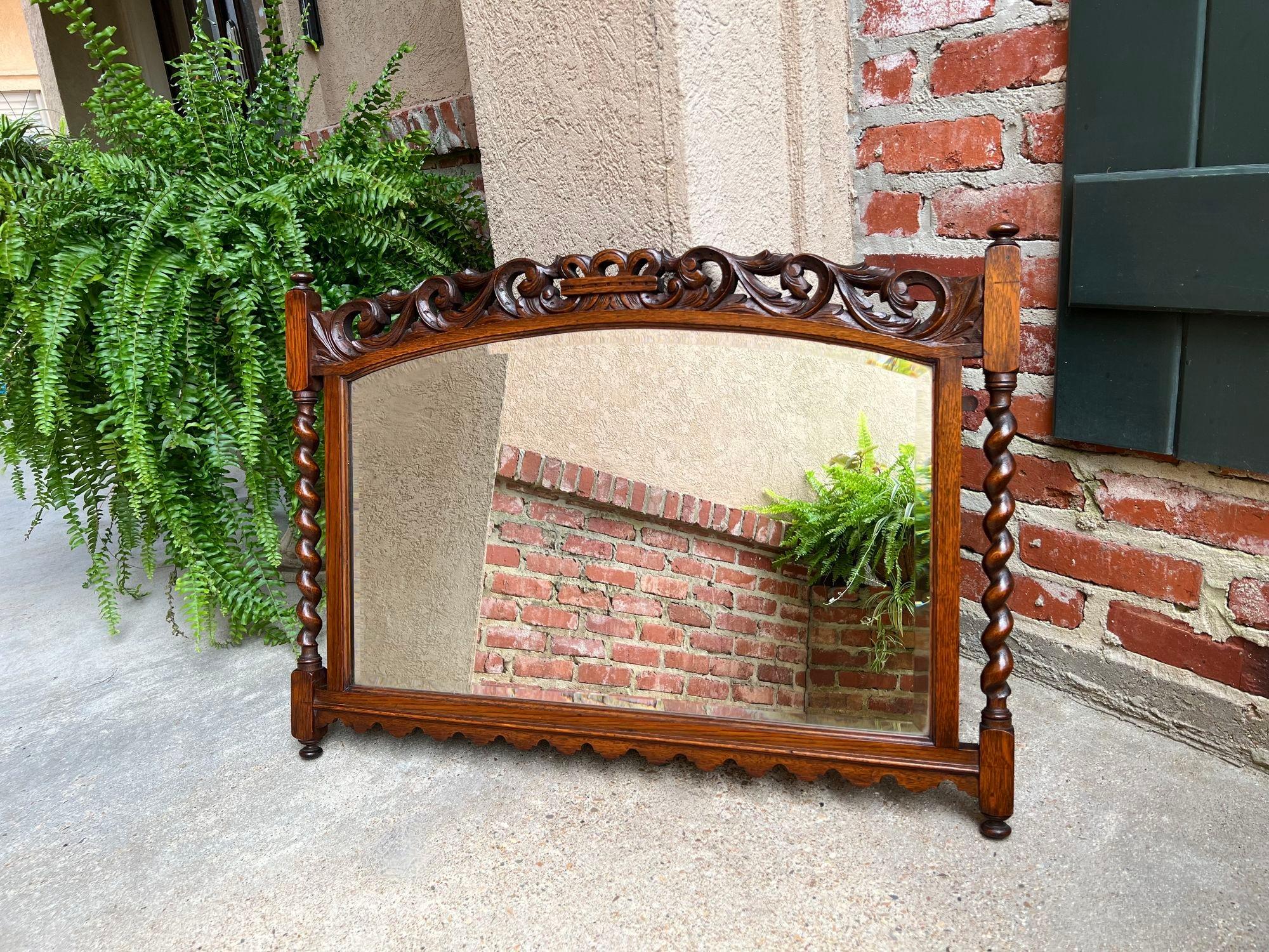 Antique English Carved Oak Wall Mirror Barley Twist Arched Top Frame Jacobean 9