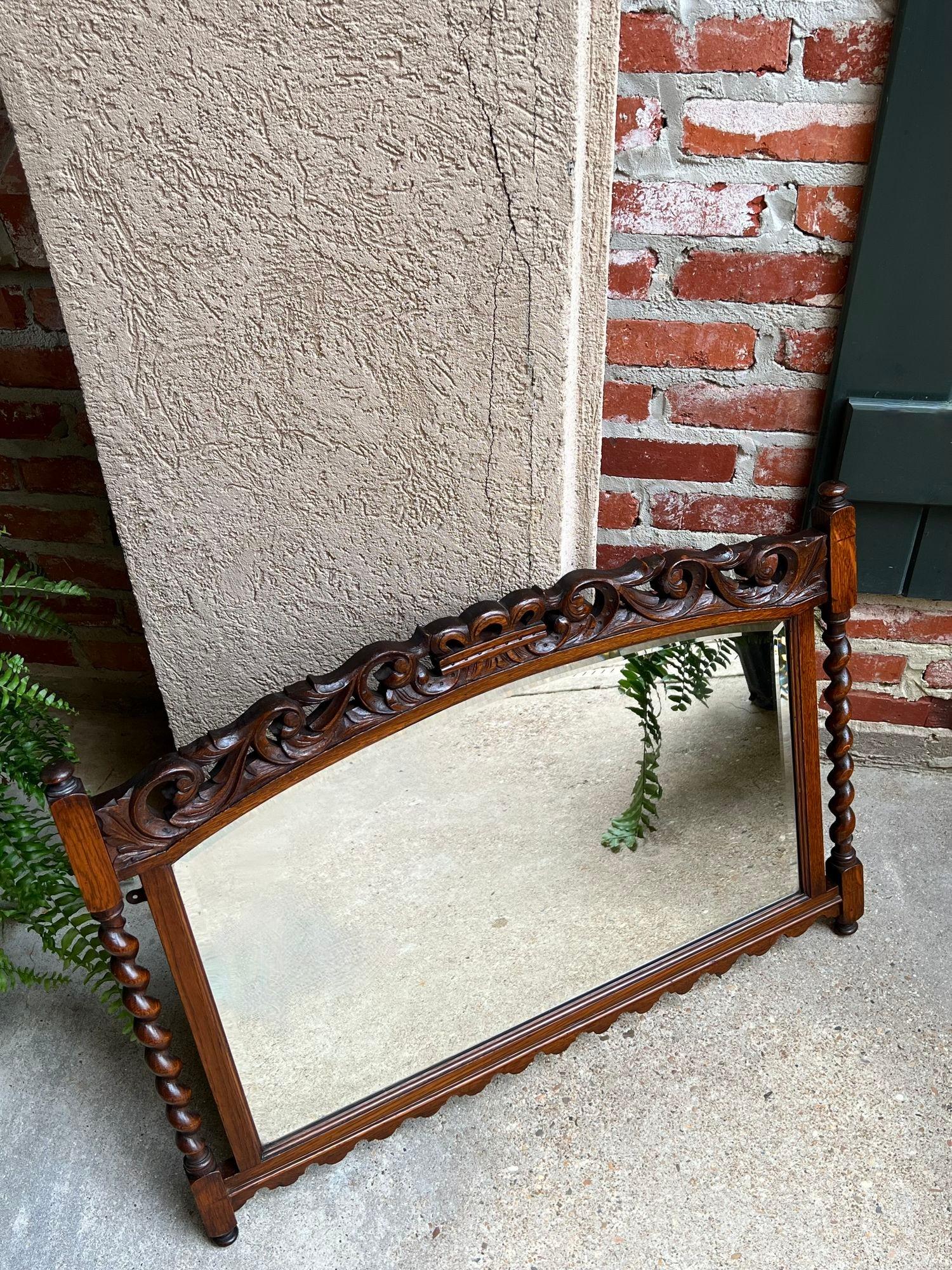 Antique English Carved Oak Wall Mirror Barley Twist Arched Top Frame Jacobean 13