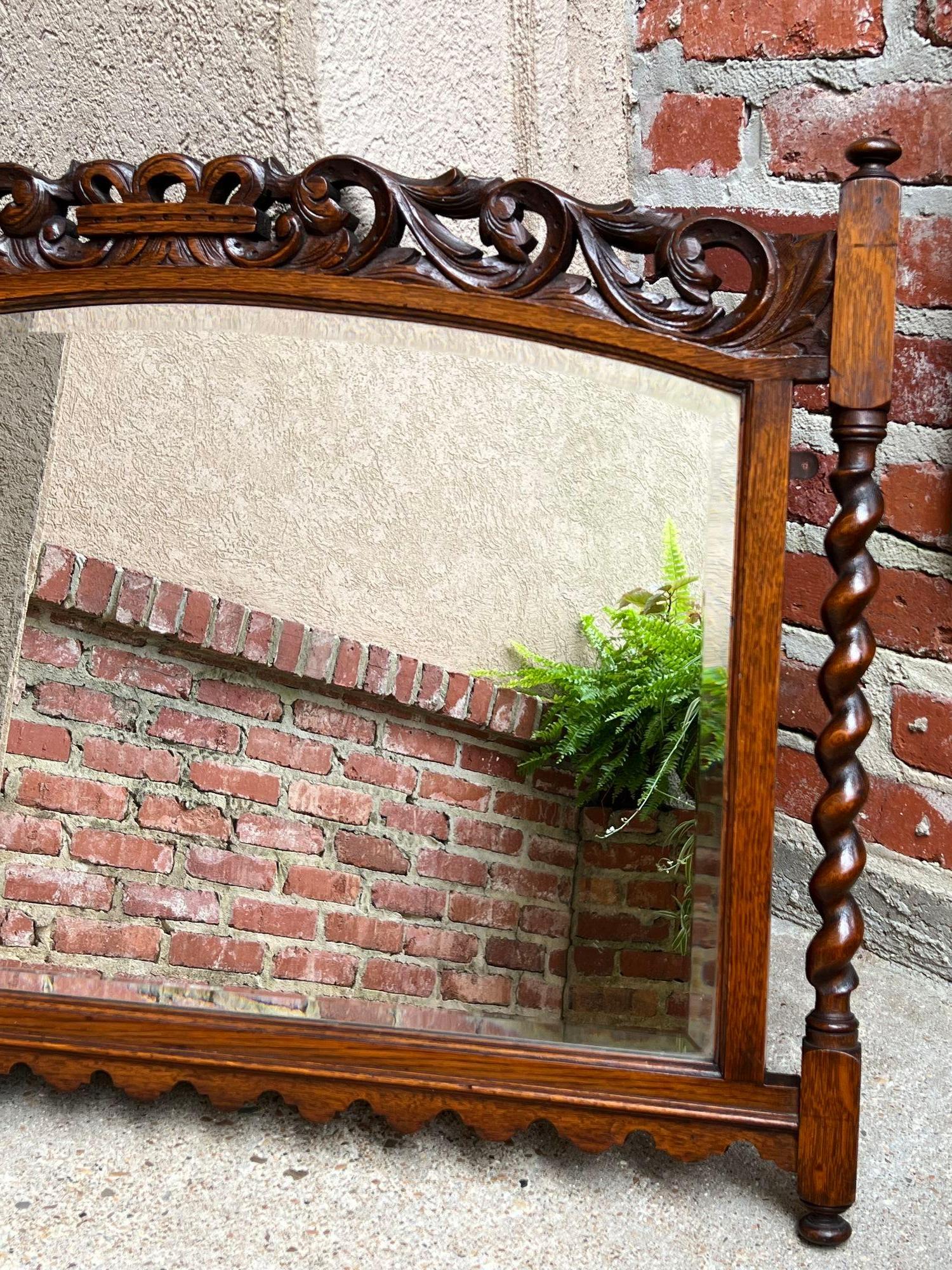 Antique English Carved Oak Wall Mirror Barley Twist Arched Top Frame Jacobean For Sale 3
