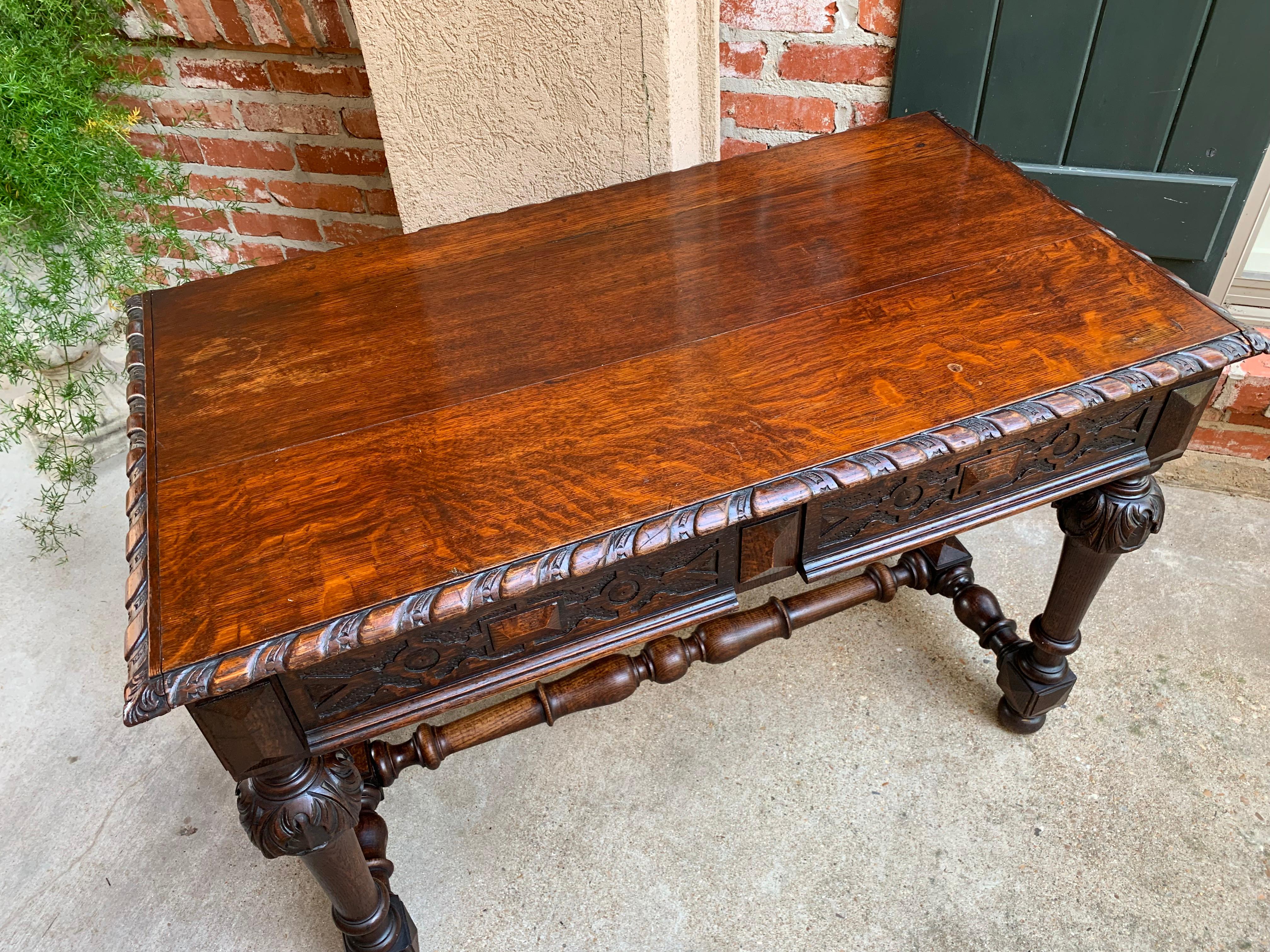 Antique English Carved Oak Writing Desk Sofa Table Jacobean William Mary 4