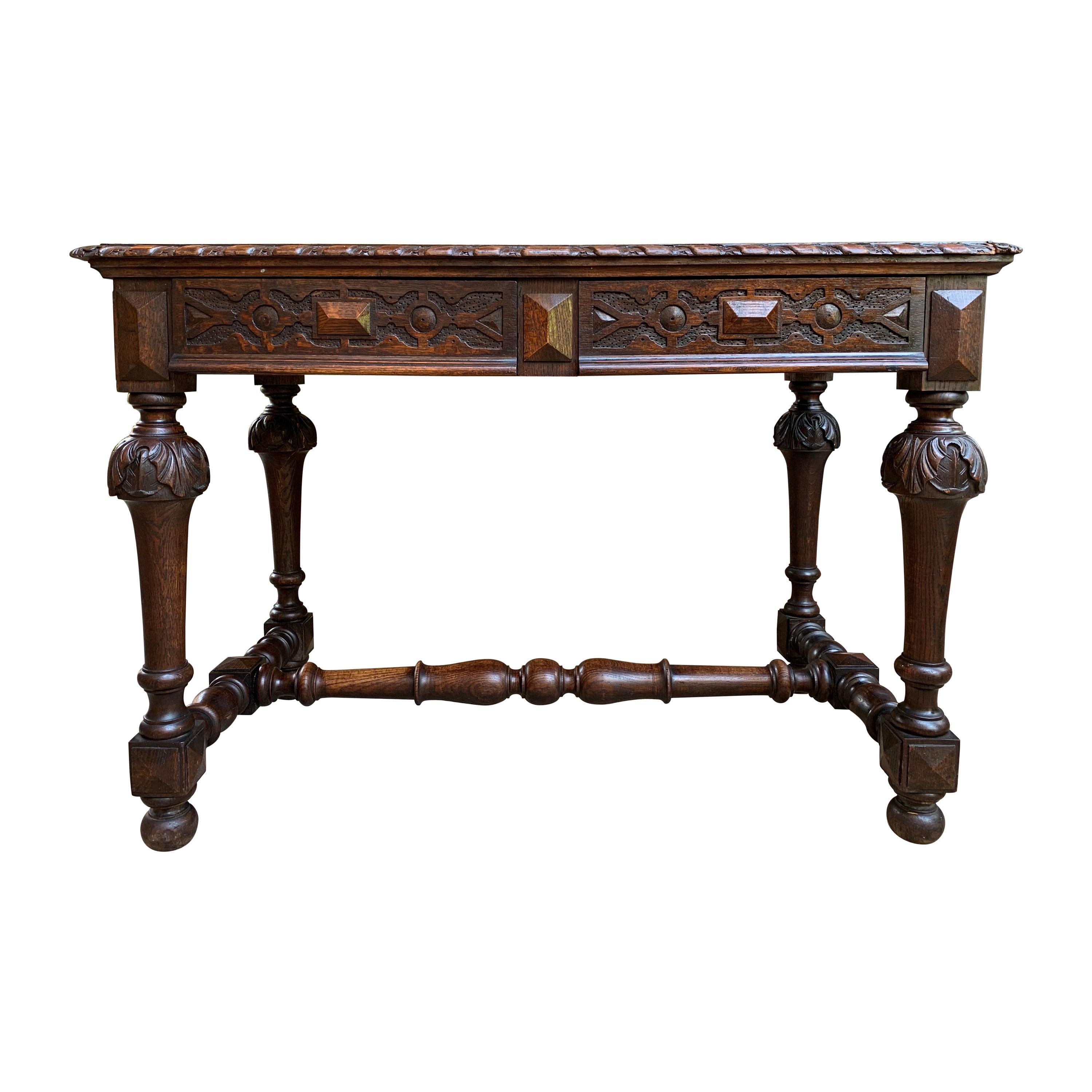 Antique English Carved Oak Writing Desk Sofa Table Jacobean William Mary
