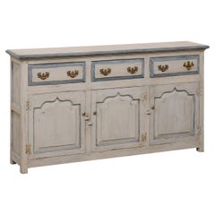 Antique English Carved & Painted Slender Console Cabinet in Blue/Gray Hues 