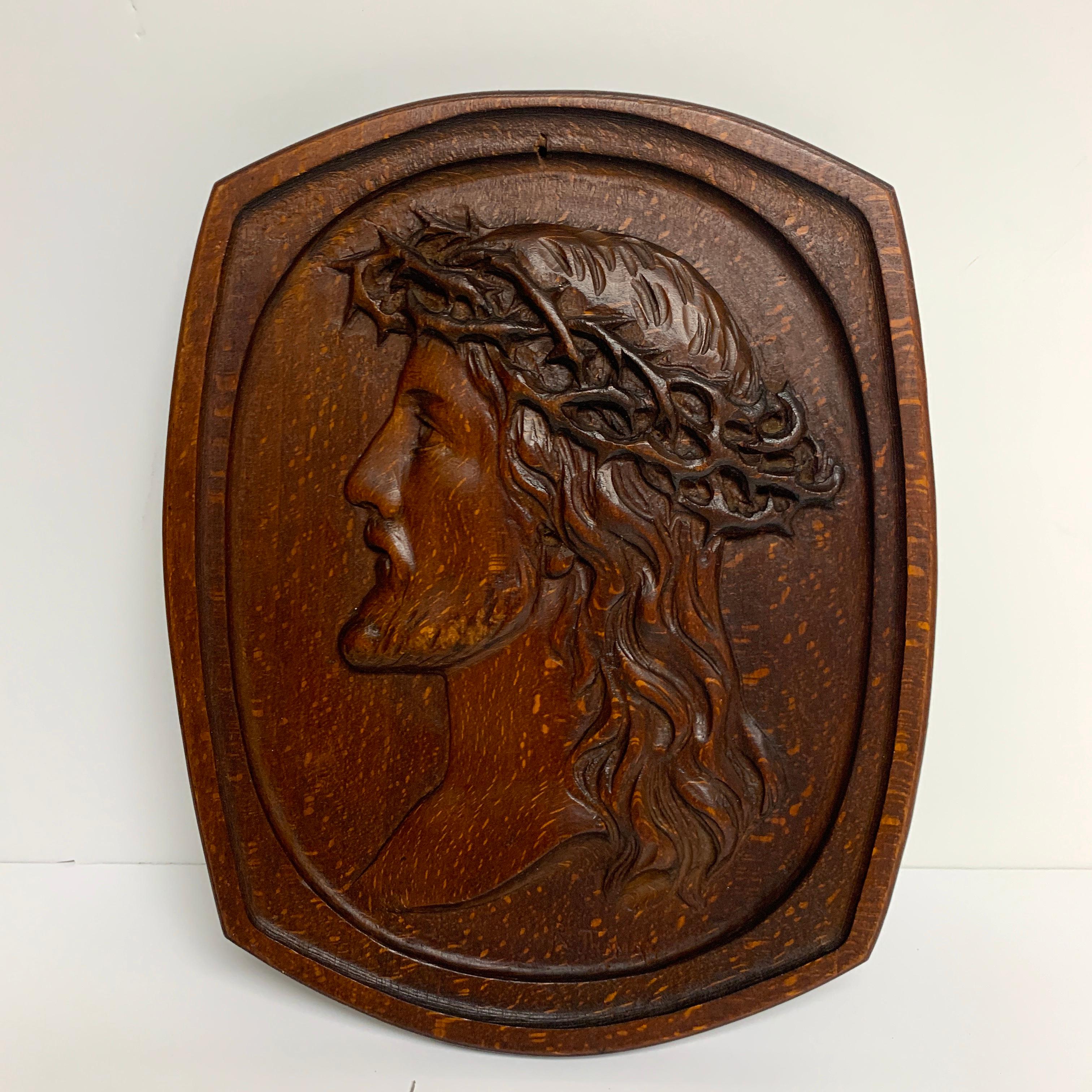 High Victorian Antique English Carved Pollard Oak Plaque of Jesus with the Crown of Thorns