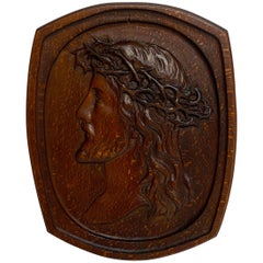 Ancienne plaque anglaise en Oak Oak sculptée de Jésus avec la couronne d'épines