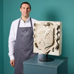 Antique English Carved Stone Armorial Plaque on Stand