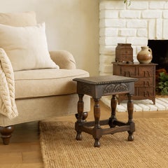 Antique English Carved Tiger Oak Joint Stool Side Table