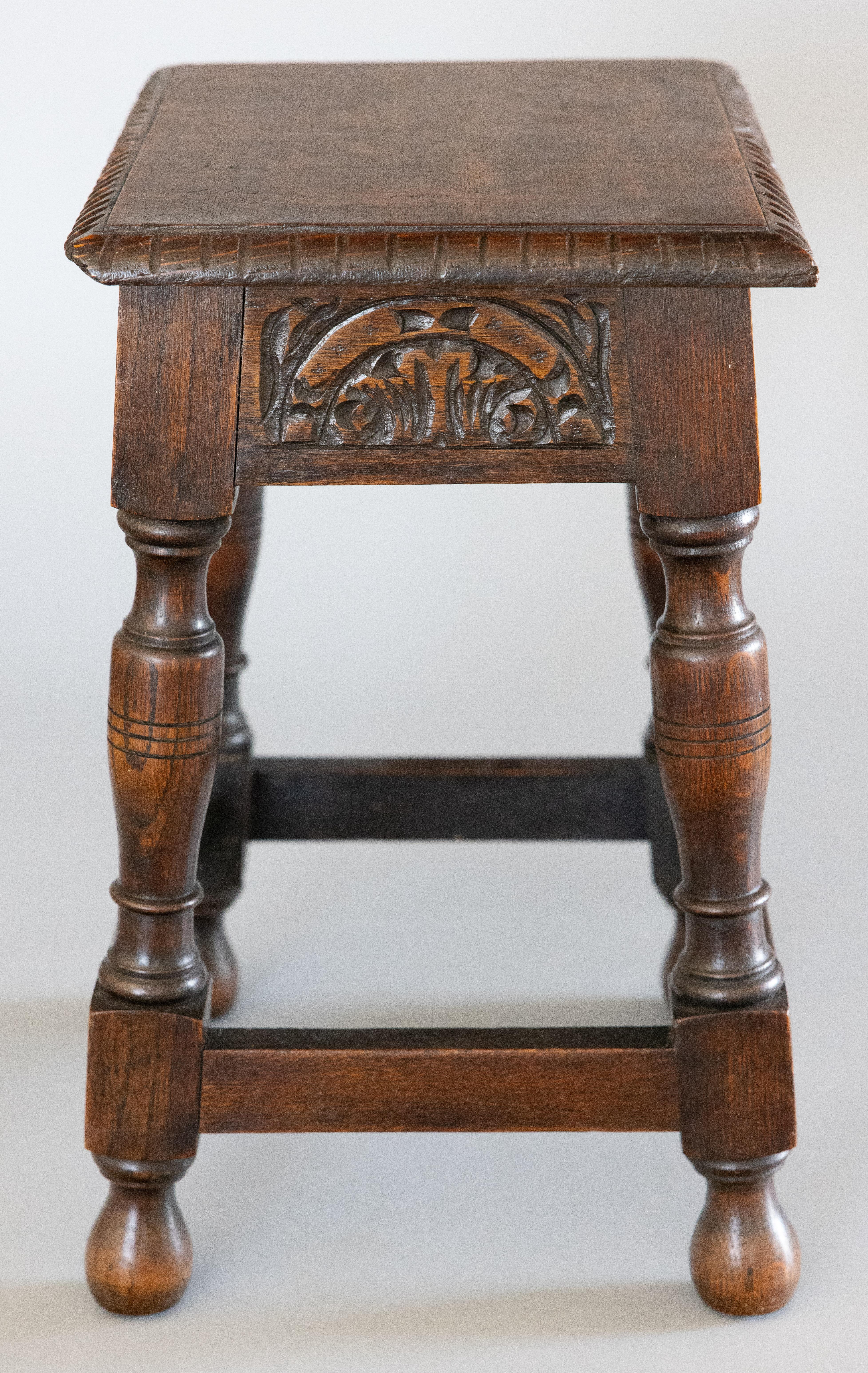 Arts and Crafts Antique English Carved Tiger Oak Joint Stool Side Table For Sale