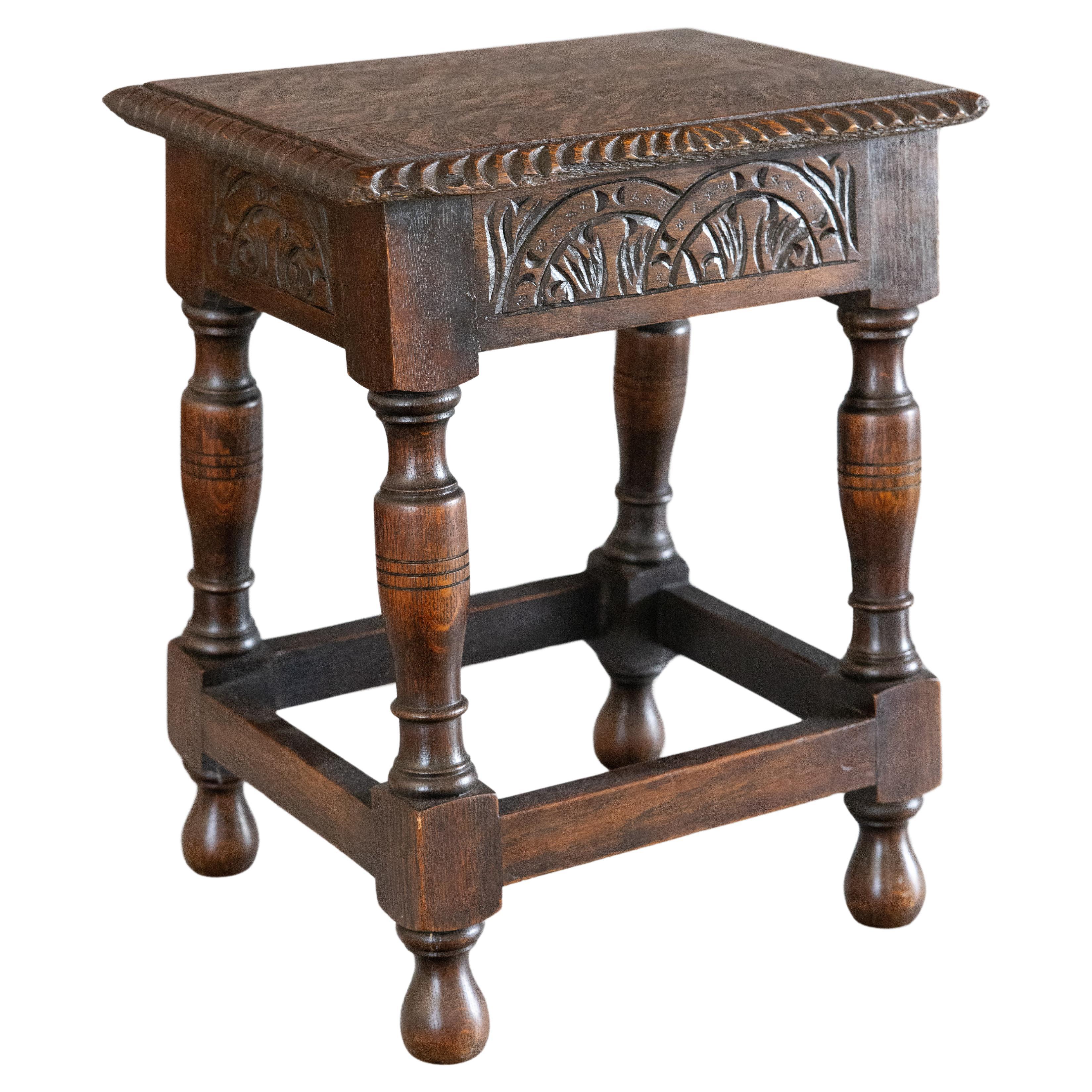 Antique English Carved Tiger Oak Joint Stool Side Table For Sale