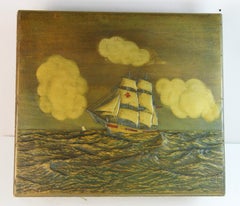 Antique English Carved Two Masted Scooner Wood Box