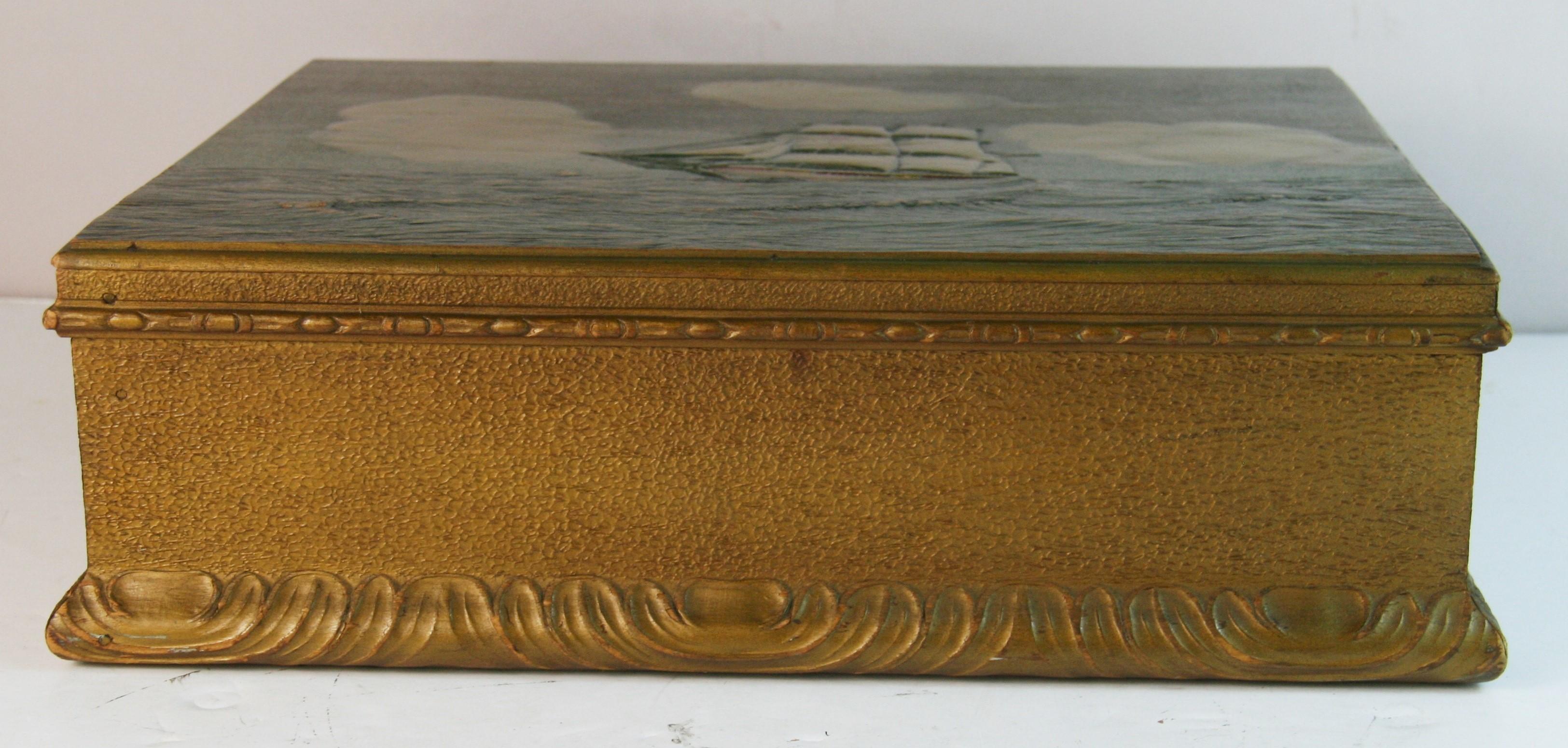 Mid-20th Century Antique English Carved Two Masted Scooner Wood Box For Sale