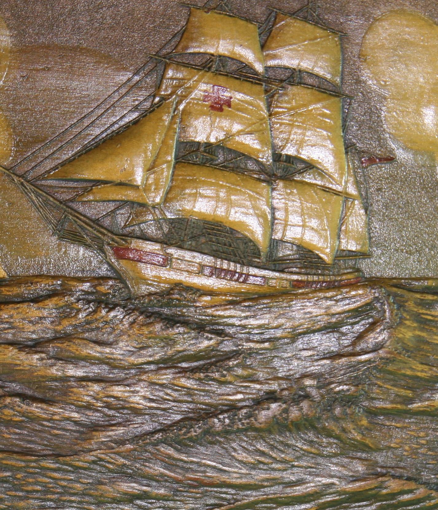 Antique English Carved Two Masted Scooner Wood Box For Sale 2