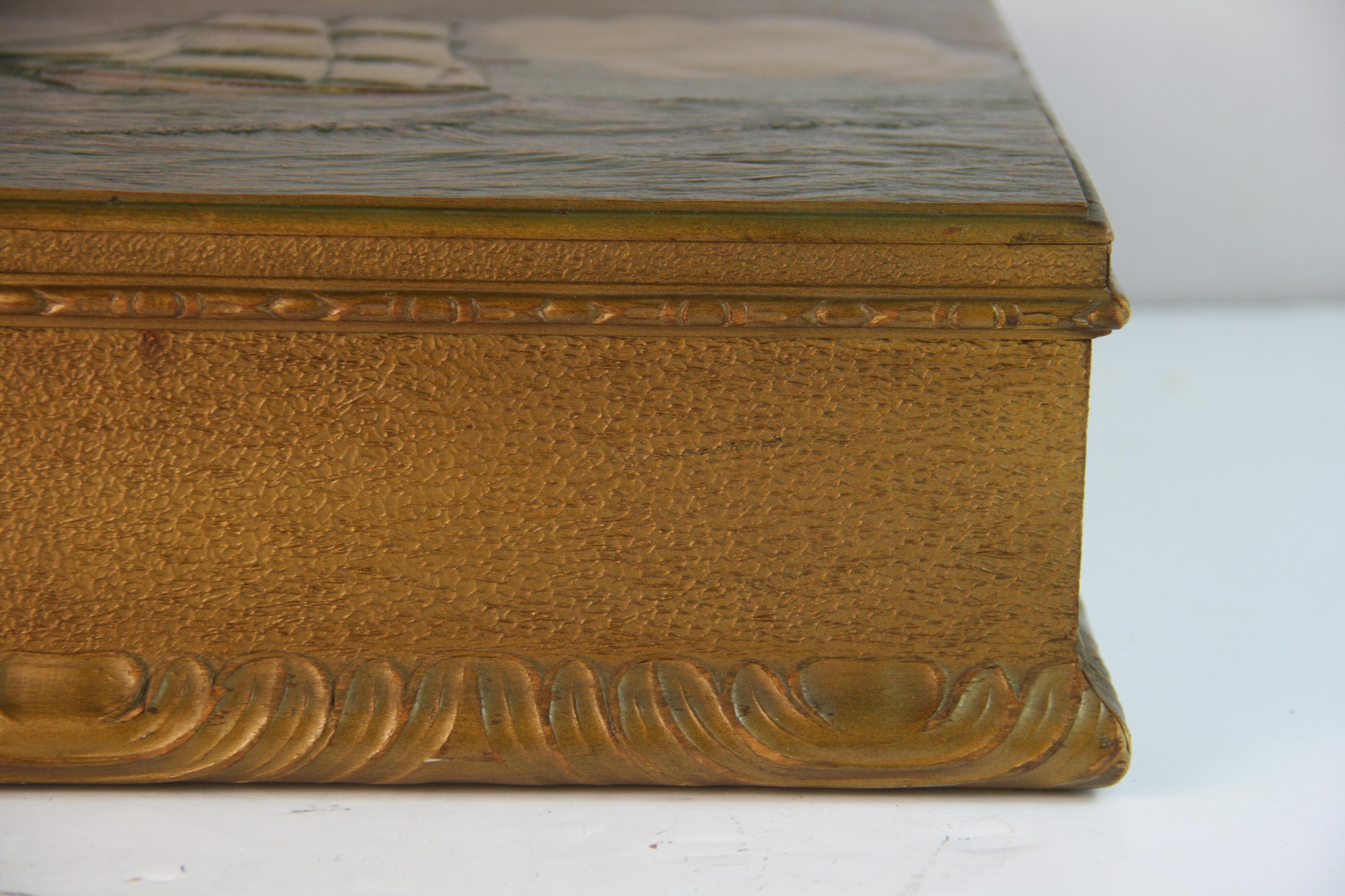 Antique English Carved Two Masted Scooner Wood Box For Sale 3