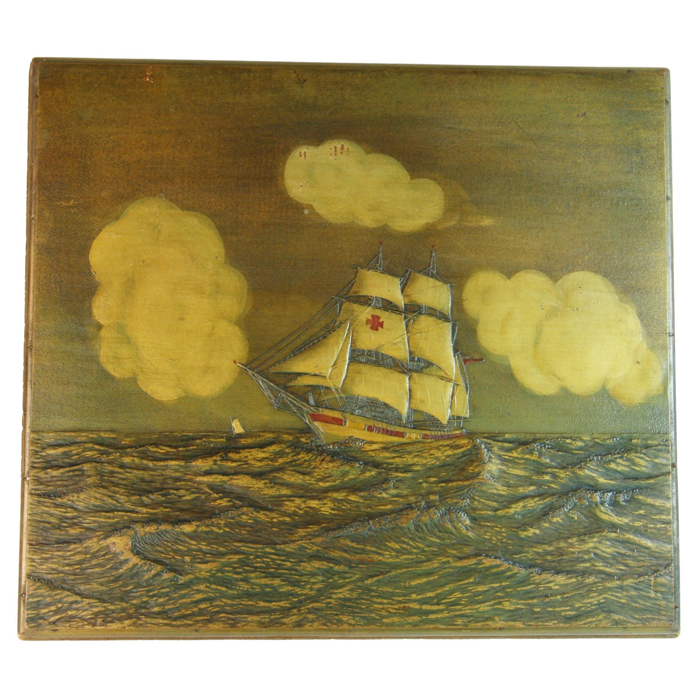 Antique English Carved Two Masted Scooner Wood Box For Sale