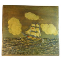 Antique English Carved Two Masted Scooner Wood Box