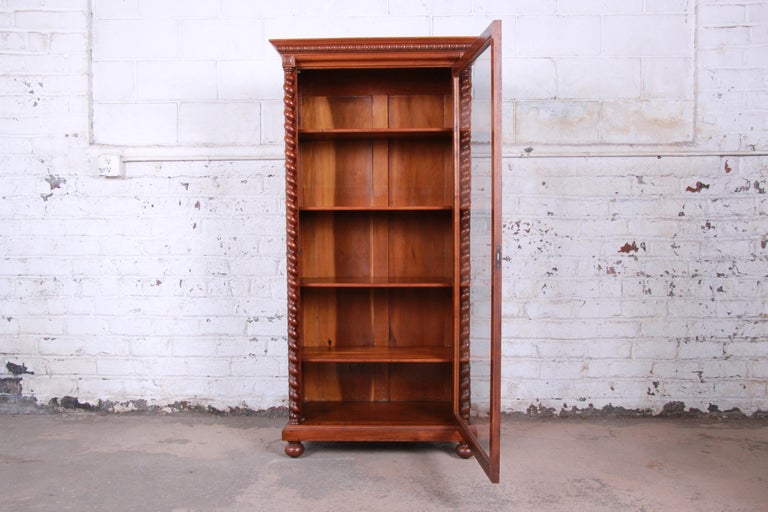 Antique English Carved Walnut Barley Twist Glass Front Bookcase, circa