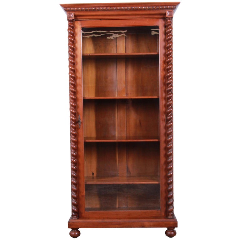 Antique English Carved Walnut Barley Twist Glass Front Bookcase, circa