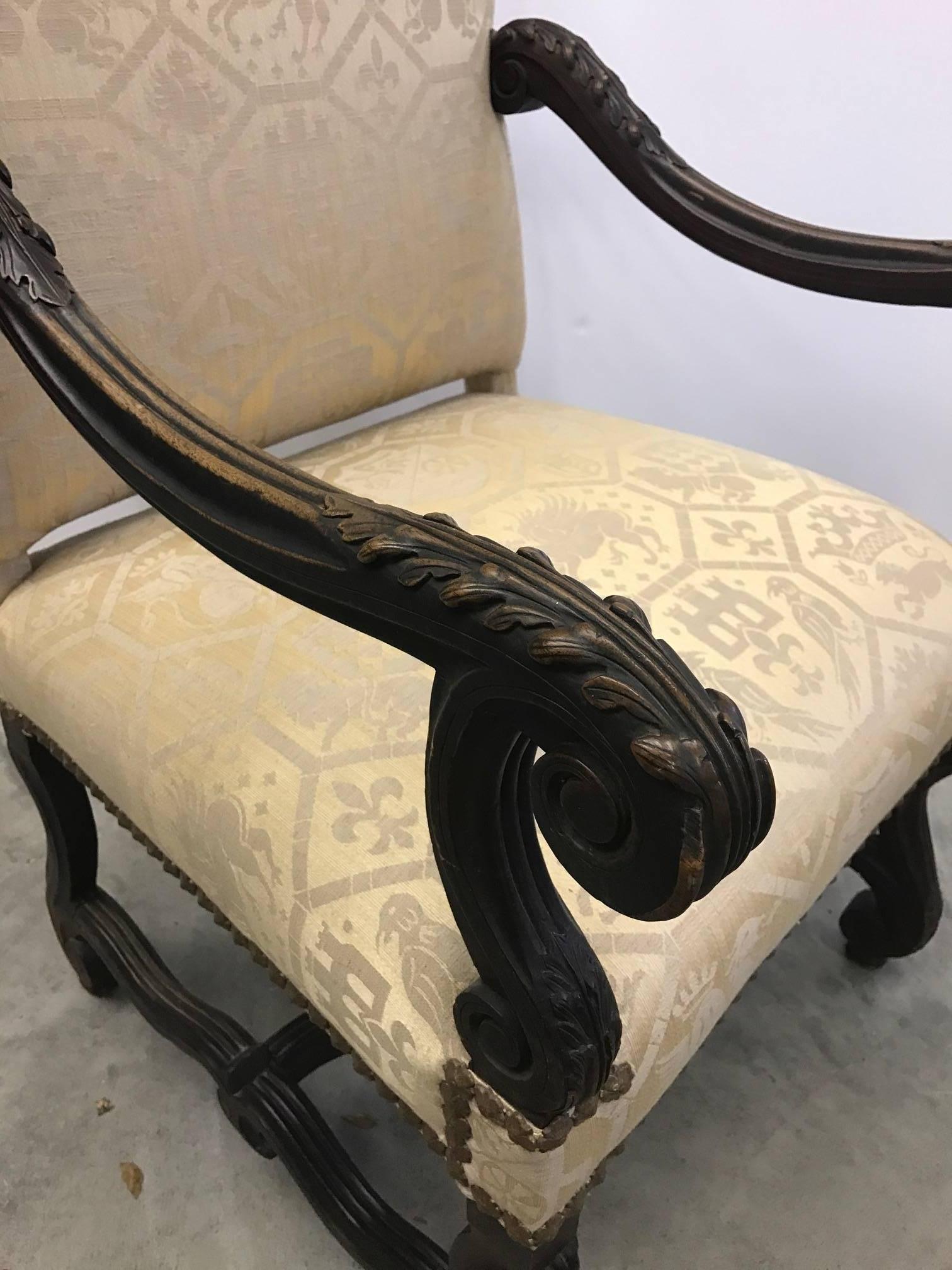 Renaissance Antique English Carved Walnut Lolling Chair with Brass Trim, circa 1880 For Sale