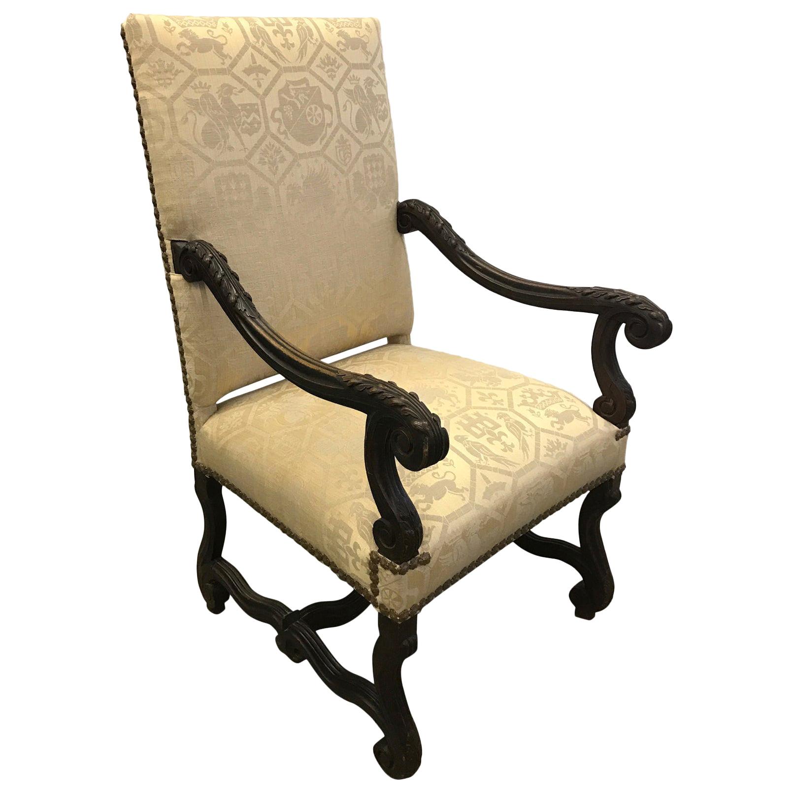 Antique English Carved Walnut Lolling Chair with Brass Trim, circa 1880 For Sale