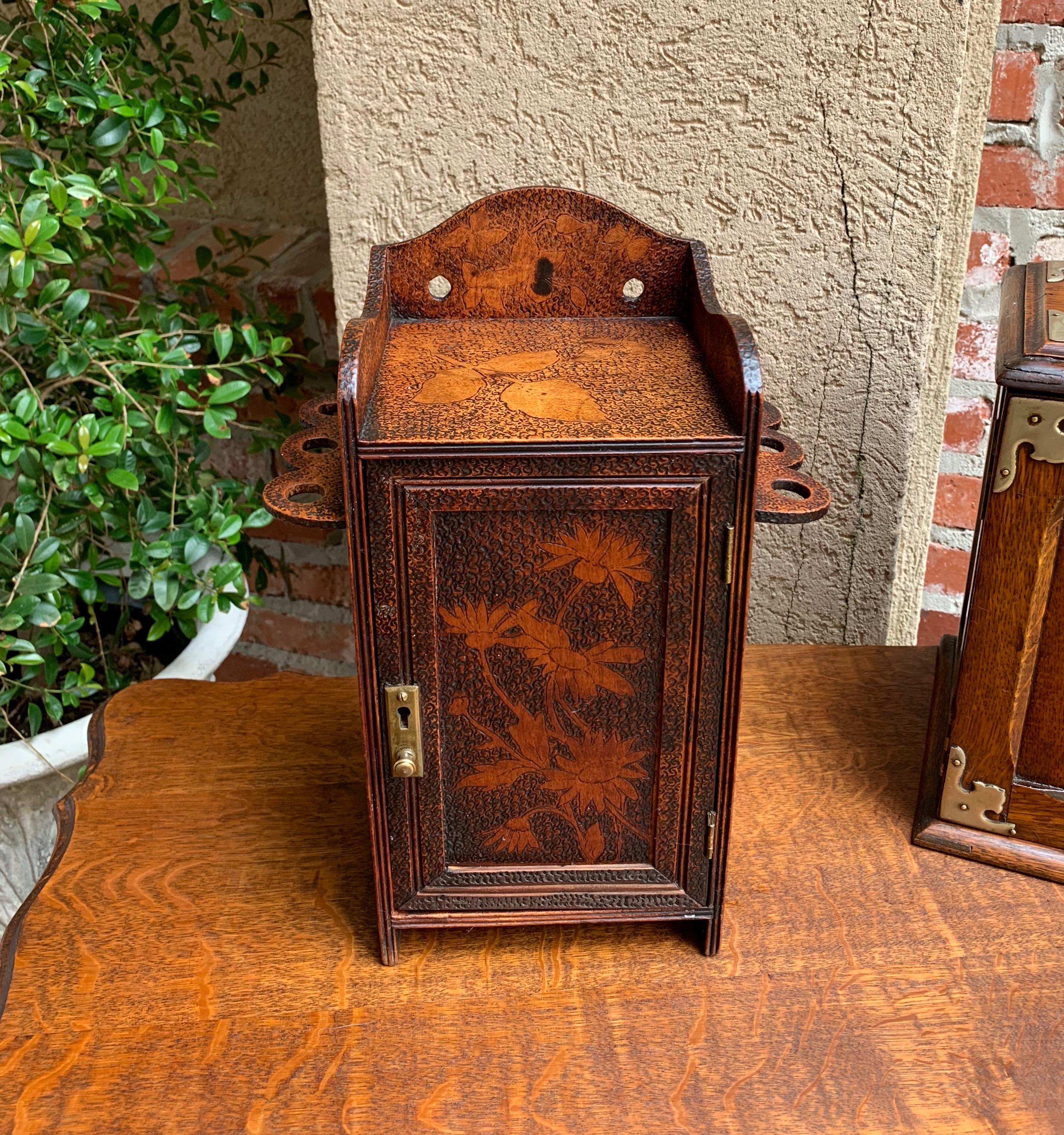 Antique English Carved Wood Pyrography Pipe Smoke Cabinet Game Box Humidor 9