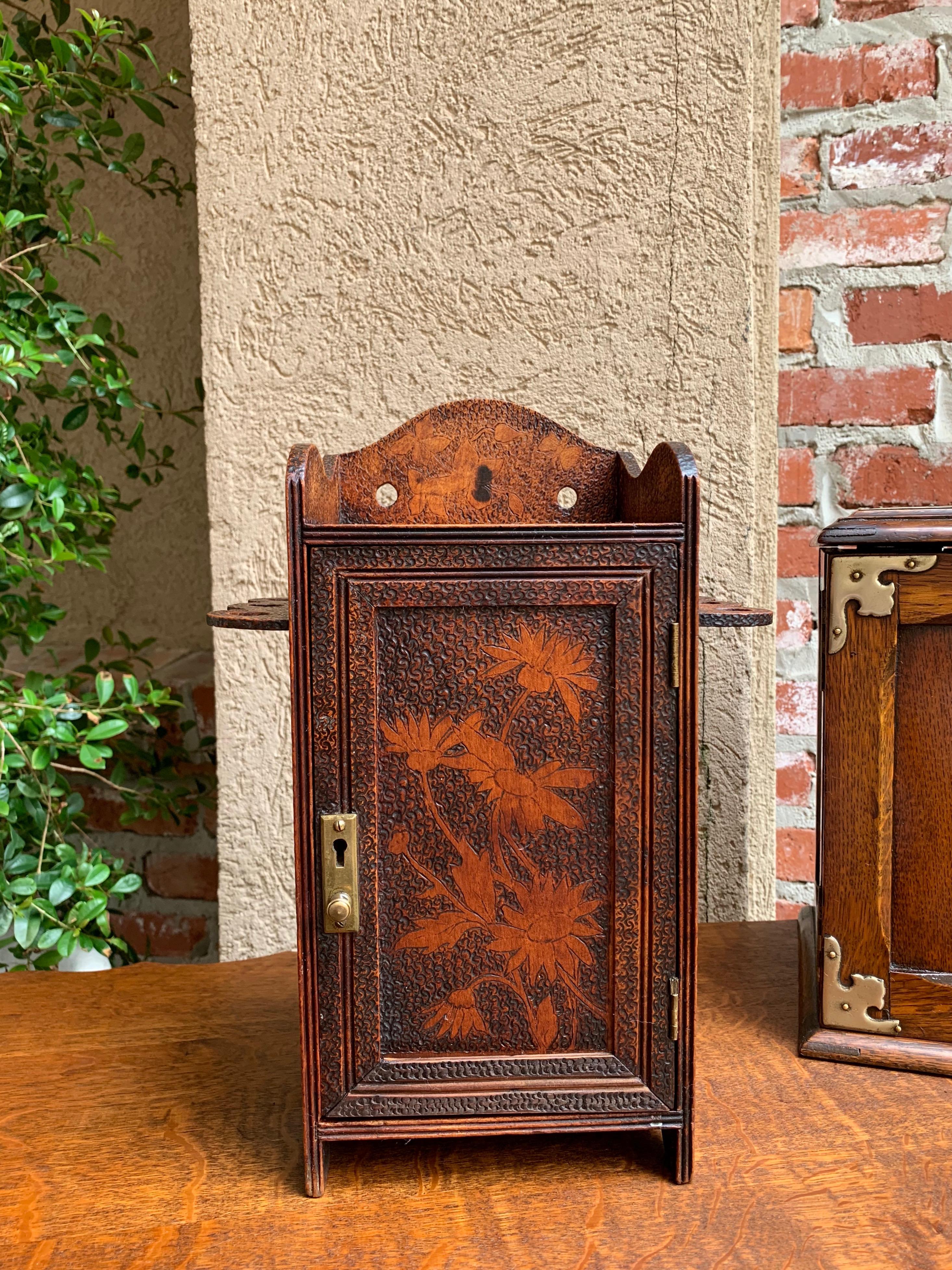 Antique English Carved Wood Pyrography Pipe Smoke Cabinet Game Box Humidor 10