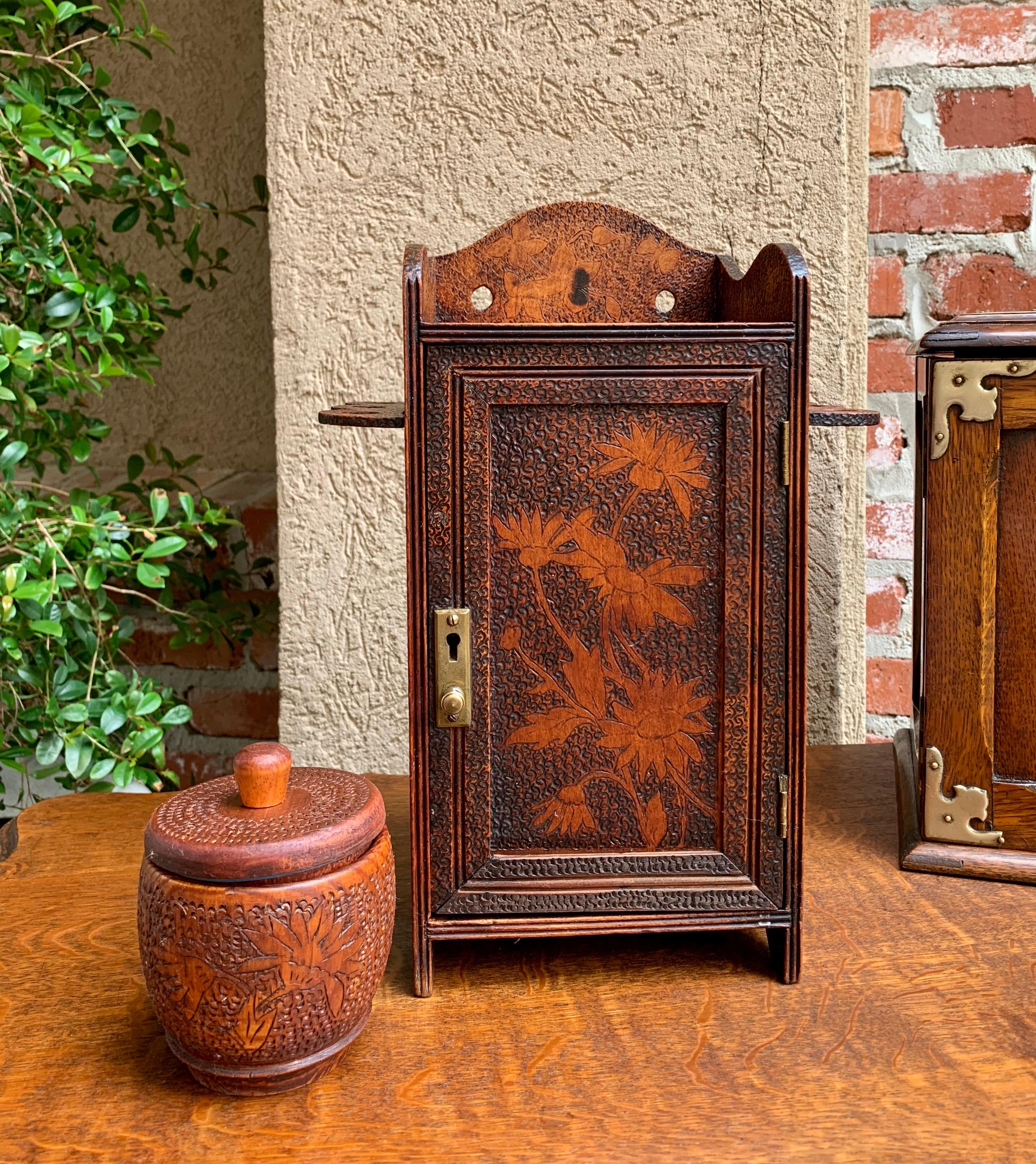 Arts and Crafts Antique English Carved Wood Pyrography Pipe Smoke Cabinet Game Box Humidor