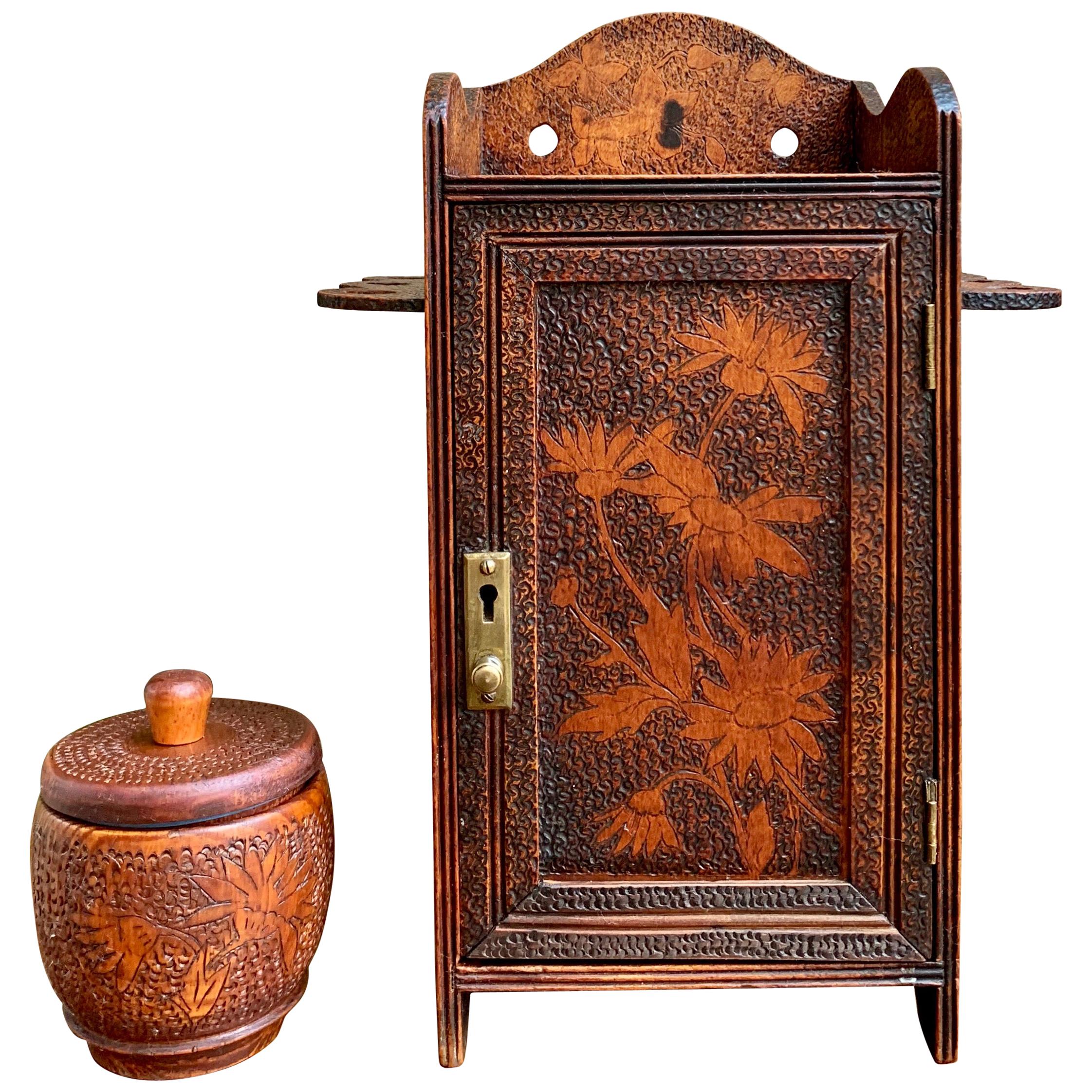 Antique English Carved Wood Pyrography Pipe Smoke Cabinet Game Box Humidor
