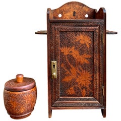 Antique English Carved Wood Pyrography Pipe Smoke Cabinet Game Box Humidor