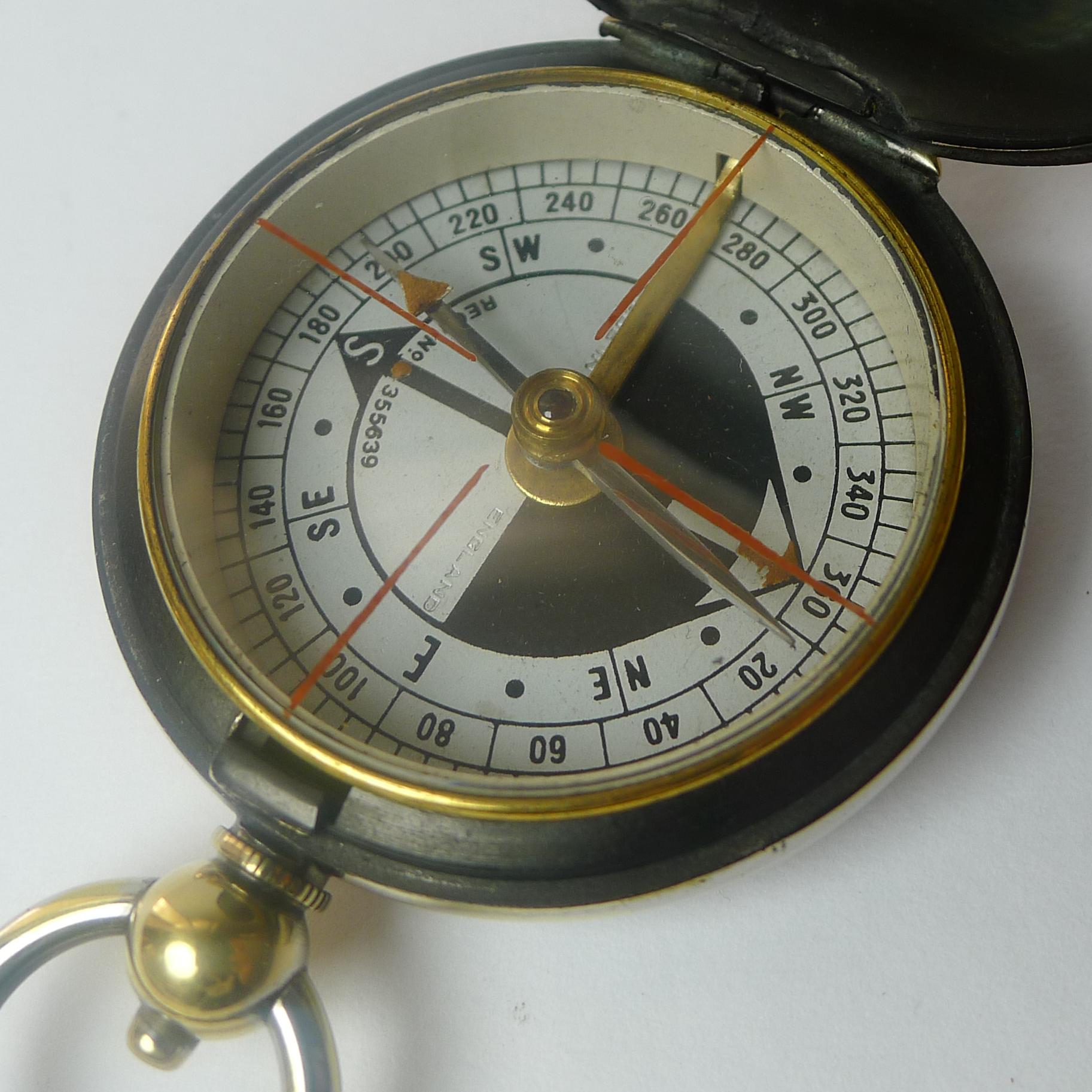 A handsome cased late Victorian or Edwardian compass with hinged lid, the little button on the top used to open; just like a pocket watch.

The case is made from nickel over brass with minor wear commensurate with age and use, professionally cleaned