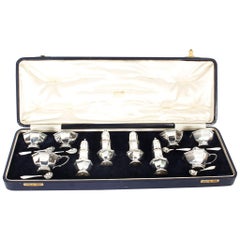 Vintage English Cased Sterling Silver 14-Piece Condiment Set London, 1938