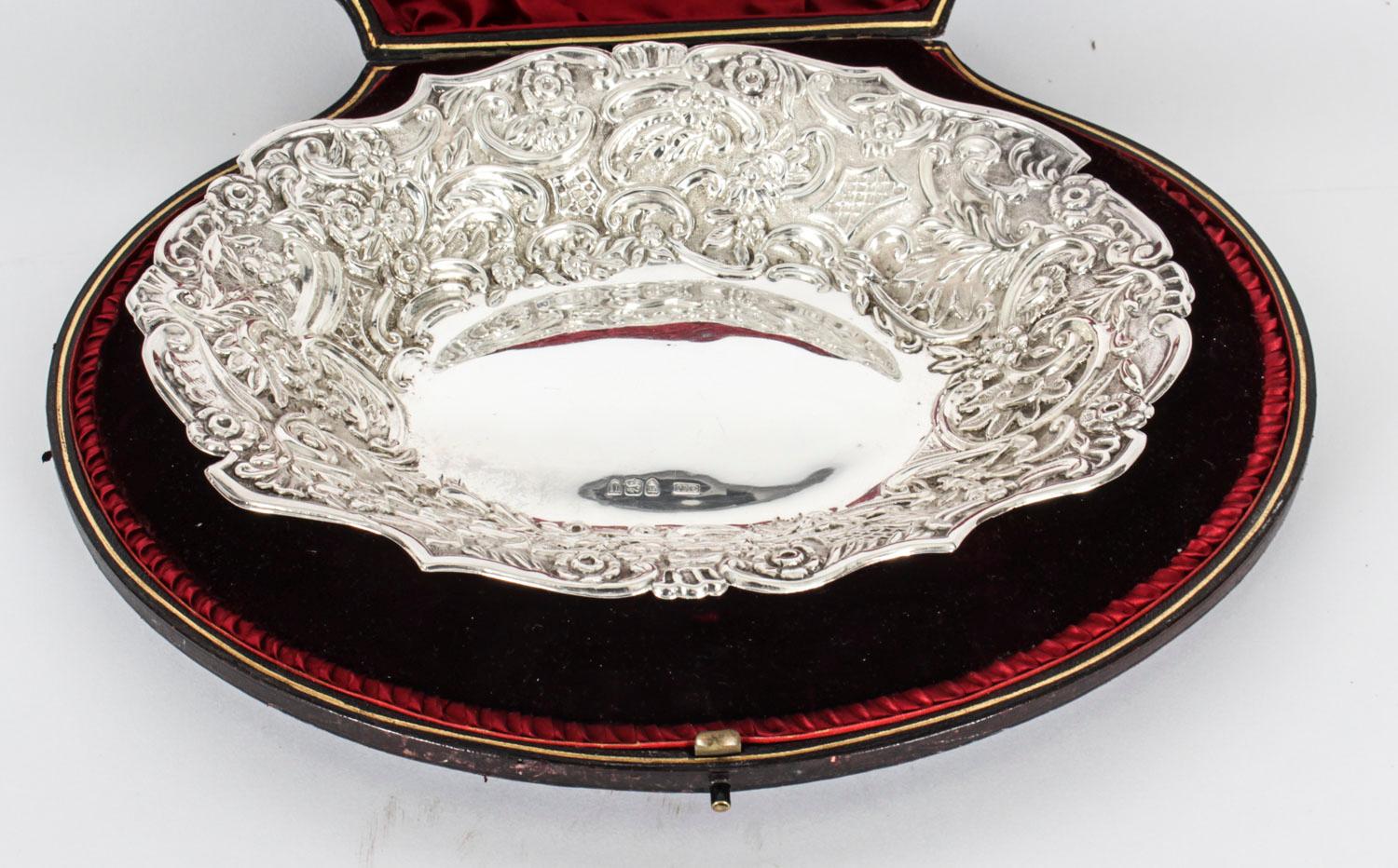 Antique English Cased Sterling Silver Fruit Bowl & Serving Spoon 19th C 1