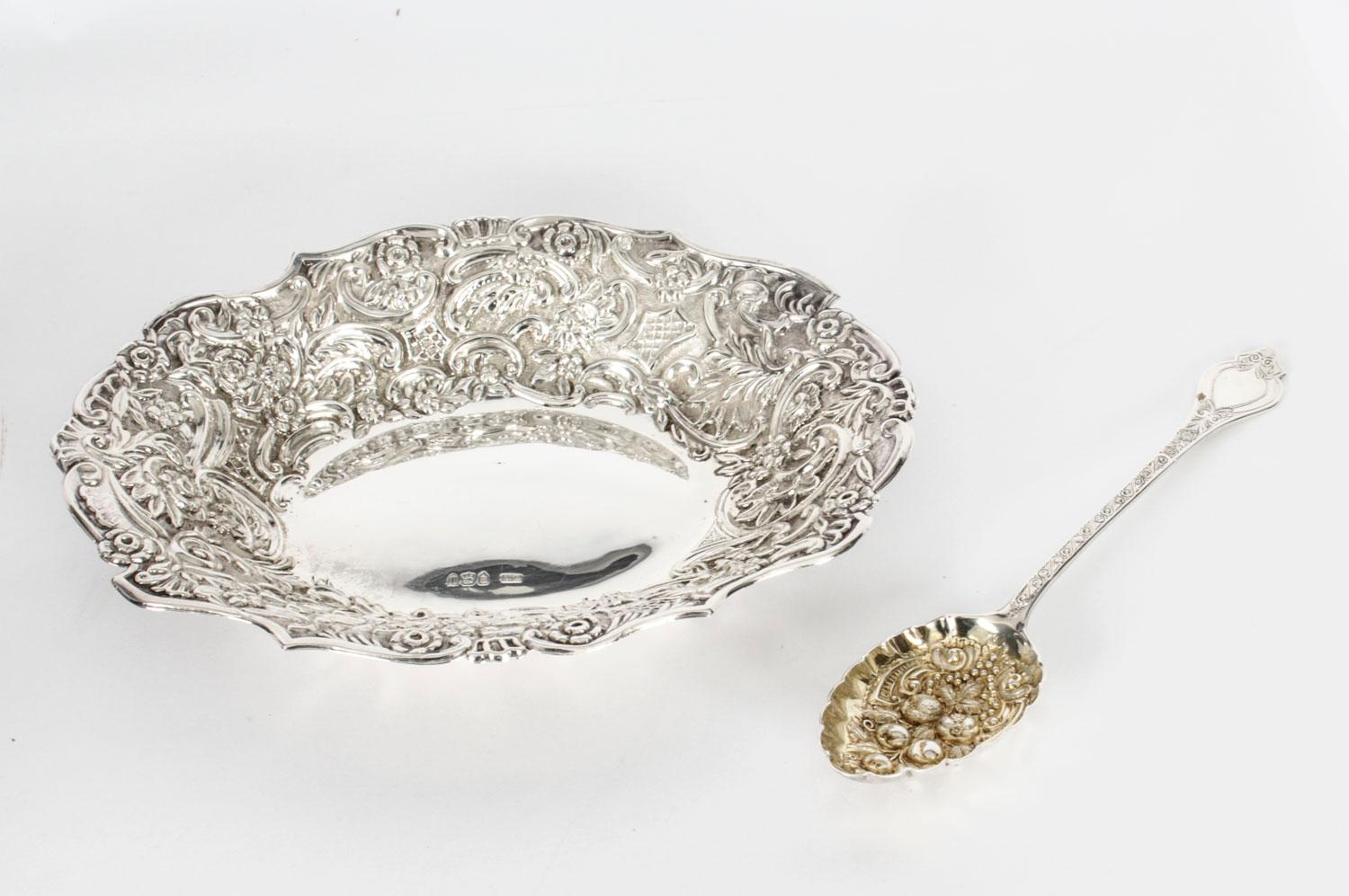 Antique English Cased Sterling Silver Fruit Bowl & Serving Spoon 19th C 2
