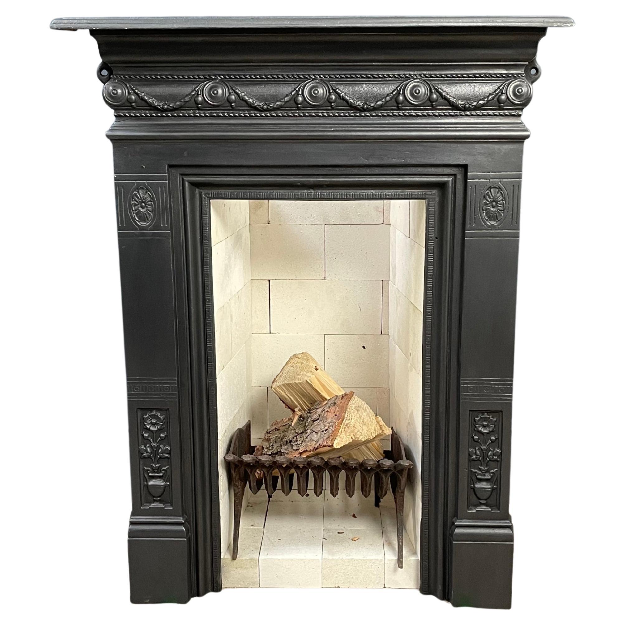 Antique English Cast Iron Fireplace Including Refractory Bricks Insert For Sale