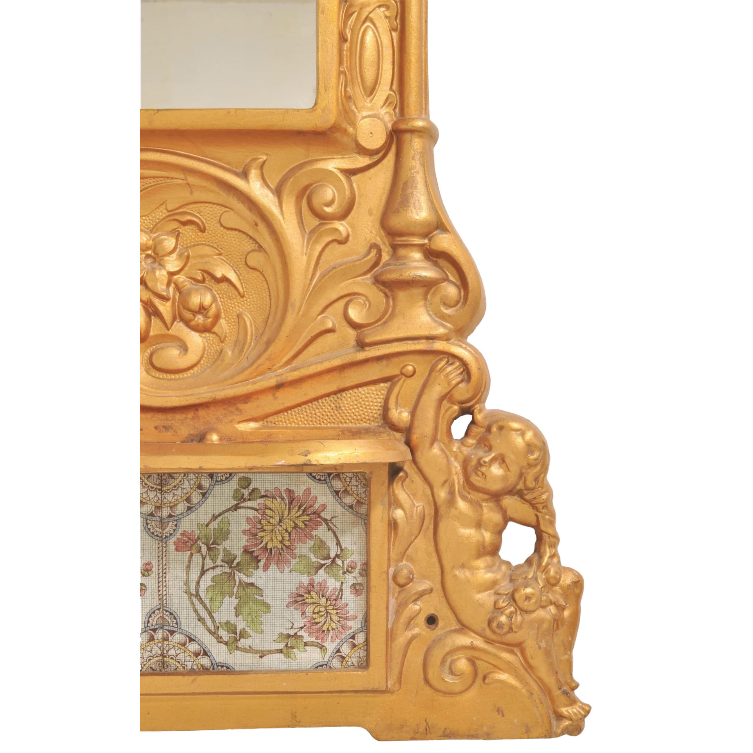 Calco Antique Mirror inglese in ghisa e piastrelle di Minton per caminetto da parete 1890 in vendita
