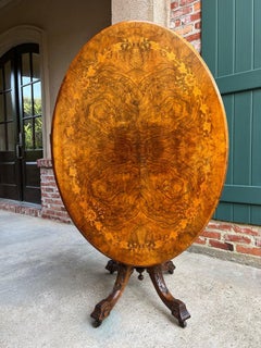 Antique English Center Breakfast Table Burl Walnut Tilt Top Inlaid Oval c1890