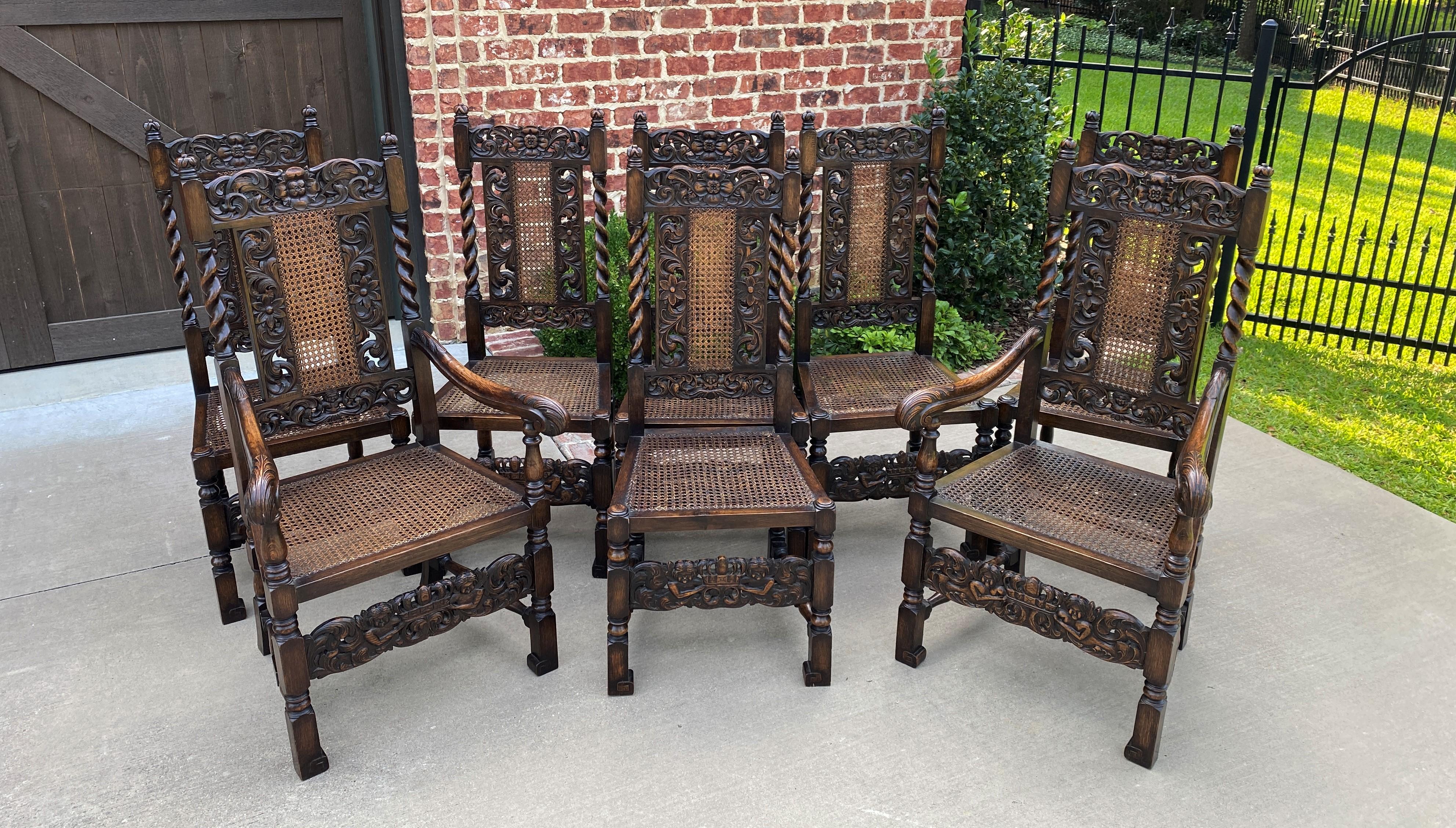 Antique English Chairs Set of 8 Barley Twist Caned Oak Dining Chairs Seating 8