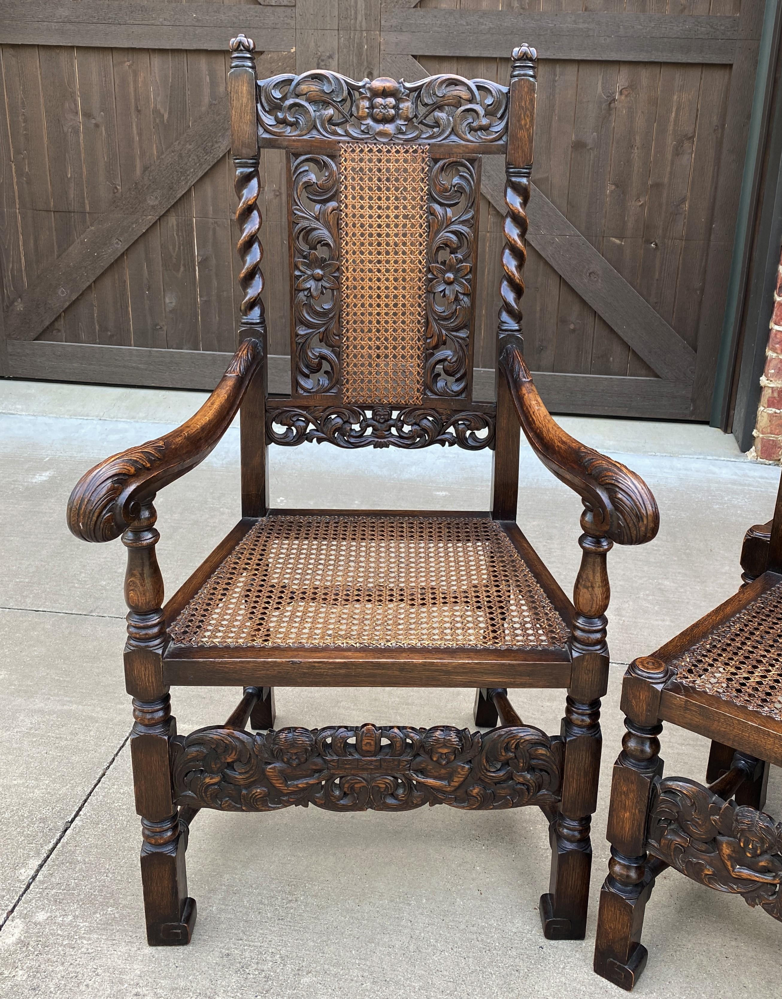 Renaissance Revival Antique English Chairs Set of 8 Barley Twist Caned Oak Dining Chairs Seating