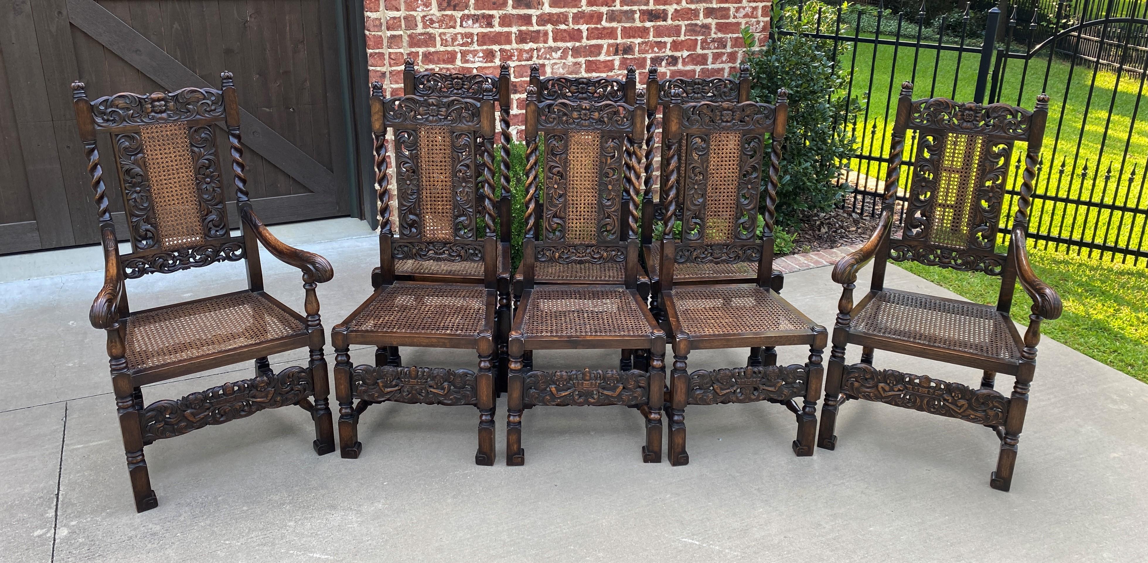 Early 20th Century Antique English Chairs Set of 8 Barley Twist Caned Oak Dining Chairs Seating