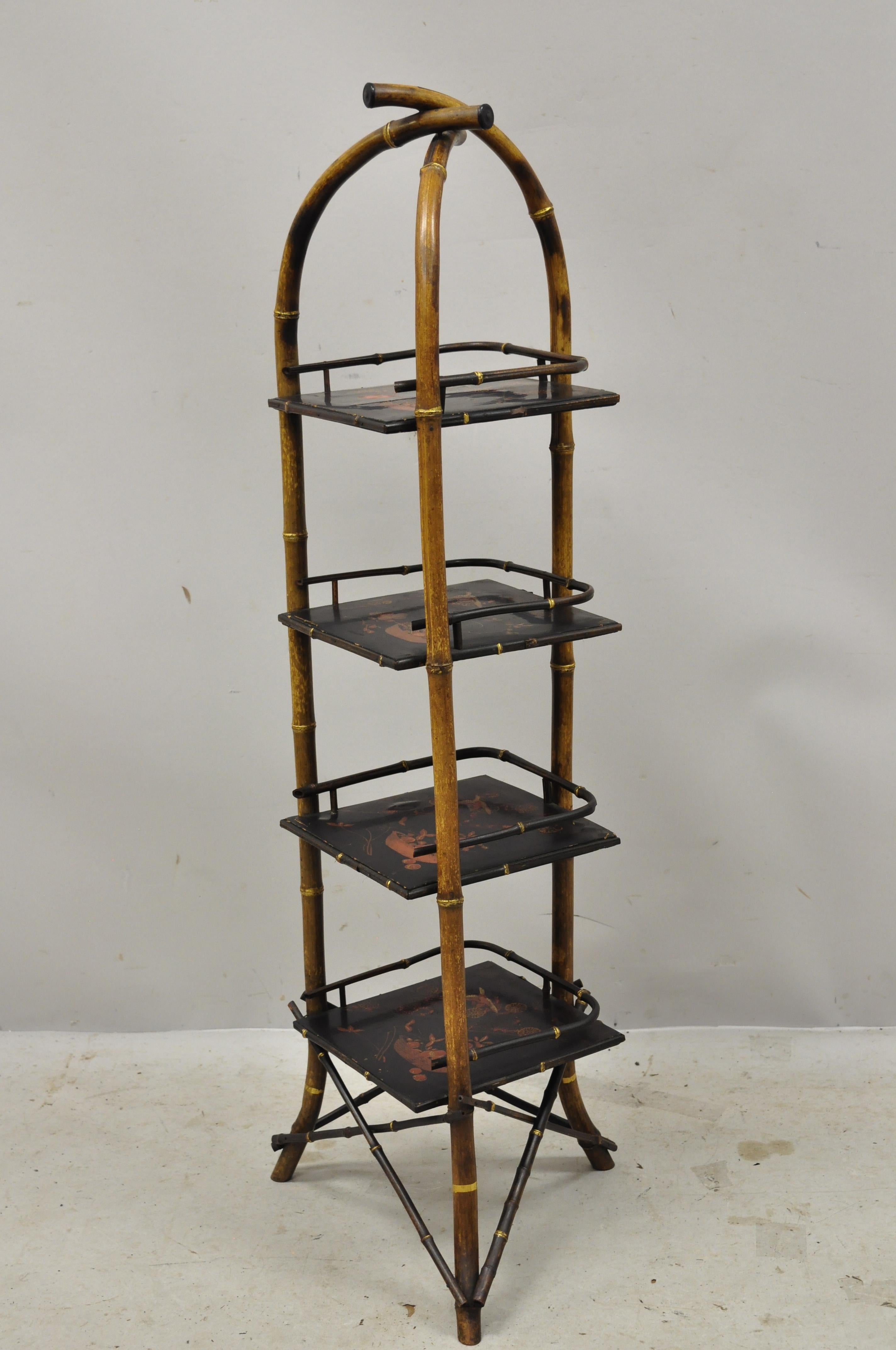 Antique English Charred Bamboo Victorian 4-Tier Muffin Dessert Pastry Stand 8